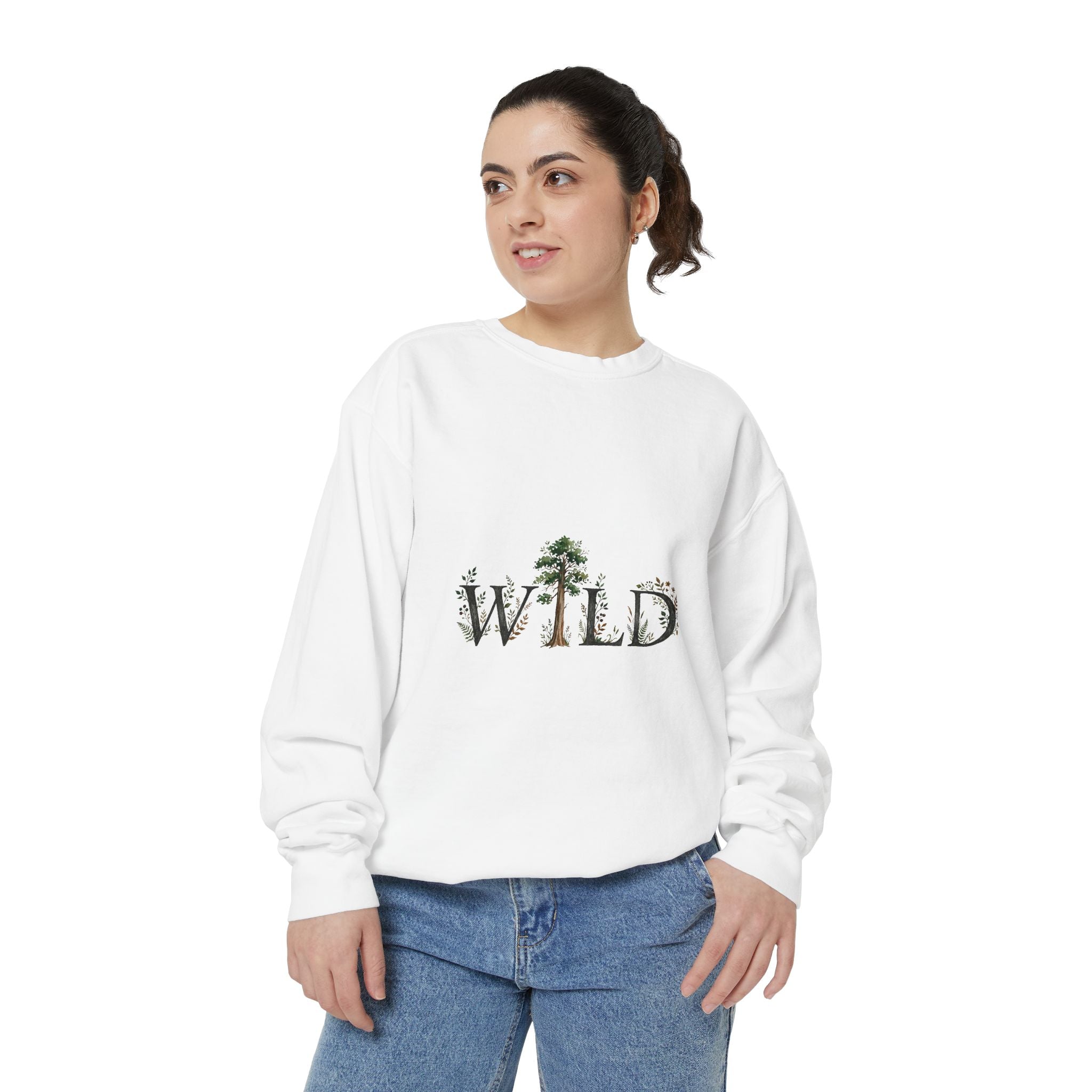 WILD Nature Graphic Sweatshirt — Tree & Wildlife Lettering Crewneck