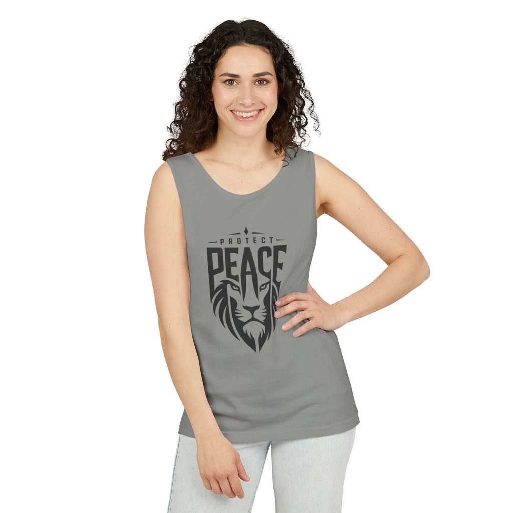 Protect Peace Lion Tank Top — Graphic Lion Shield Spiritual Tee