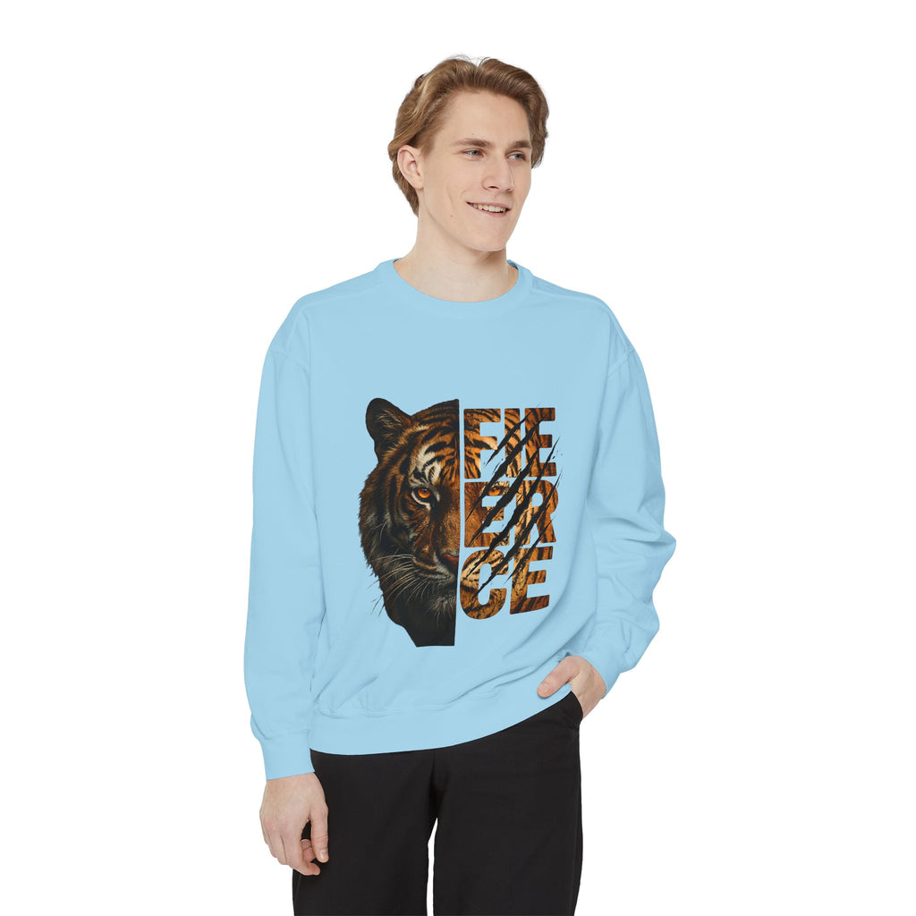 Tiger Fierce Graphic Sweatshirt — 'FIERCE' Split-Image Tiger Crewneck