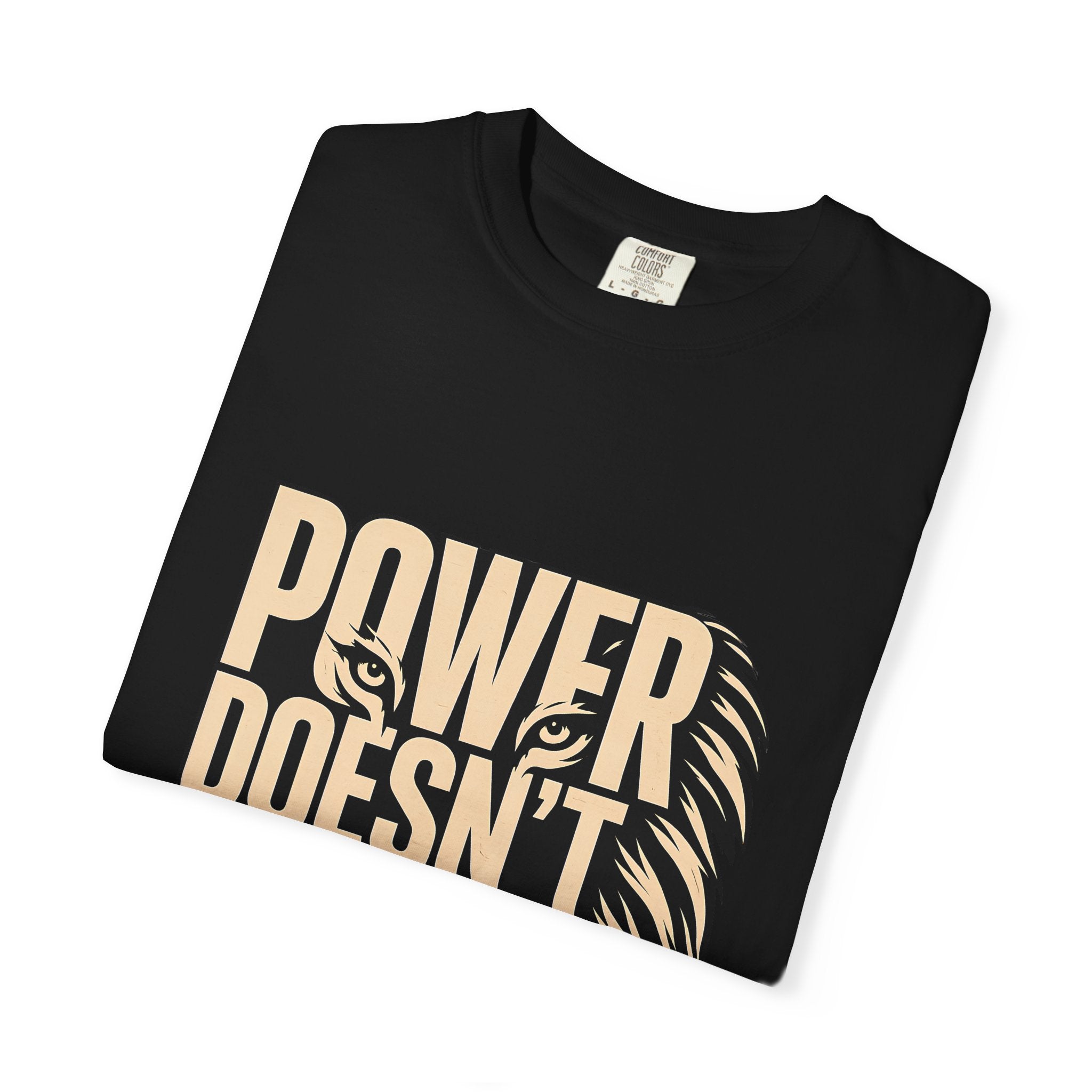 T-Shirt — "Power Doesn’t Prove Itself" Lion Graphic Motivational Tee