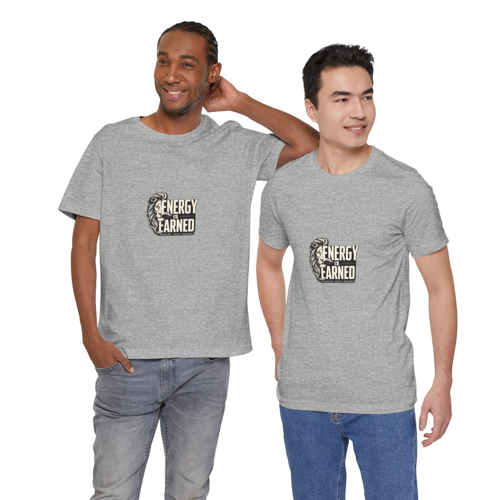 Energy Is Earned Lion Graphic Tee - Motivational Fitness Shirt