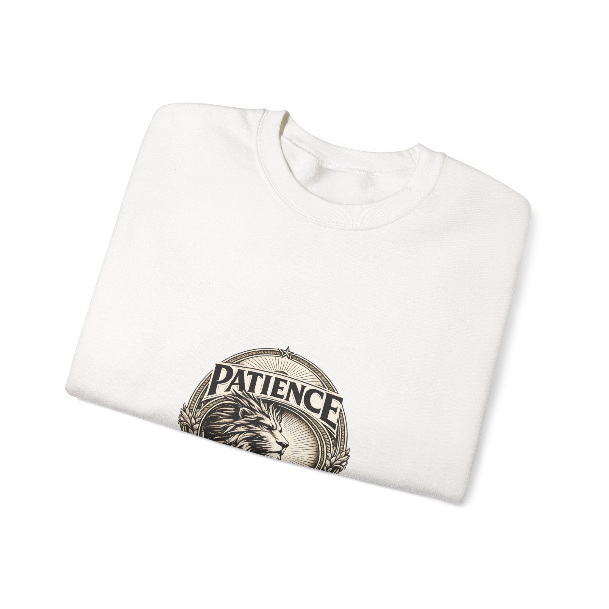 Patience Lion Crewneck Sweatshirt — Vintage Emblem Graphic