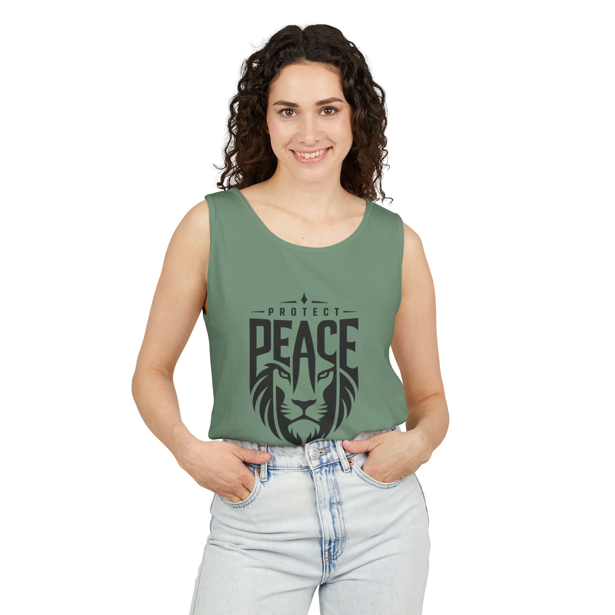 Protect Peace Lion Tank Top — Graphic Lion Shield Spiritual Tee