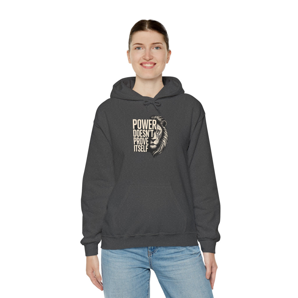Lion 'Power Doesn't Prove Itself' Hoodie — Inspirational Graphic Sweatshirt
