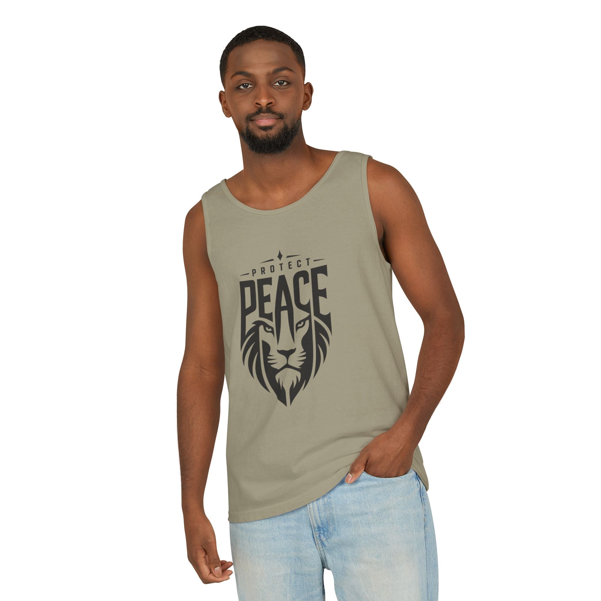 Protect Peace Lion Tank Top — Graphic Lion Shield Spiritual Tee