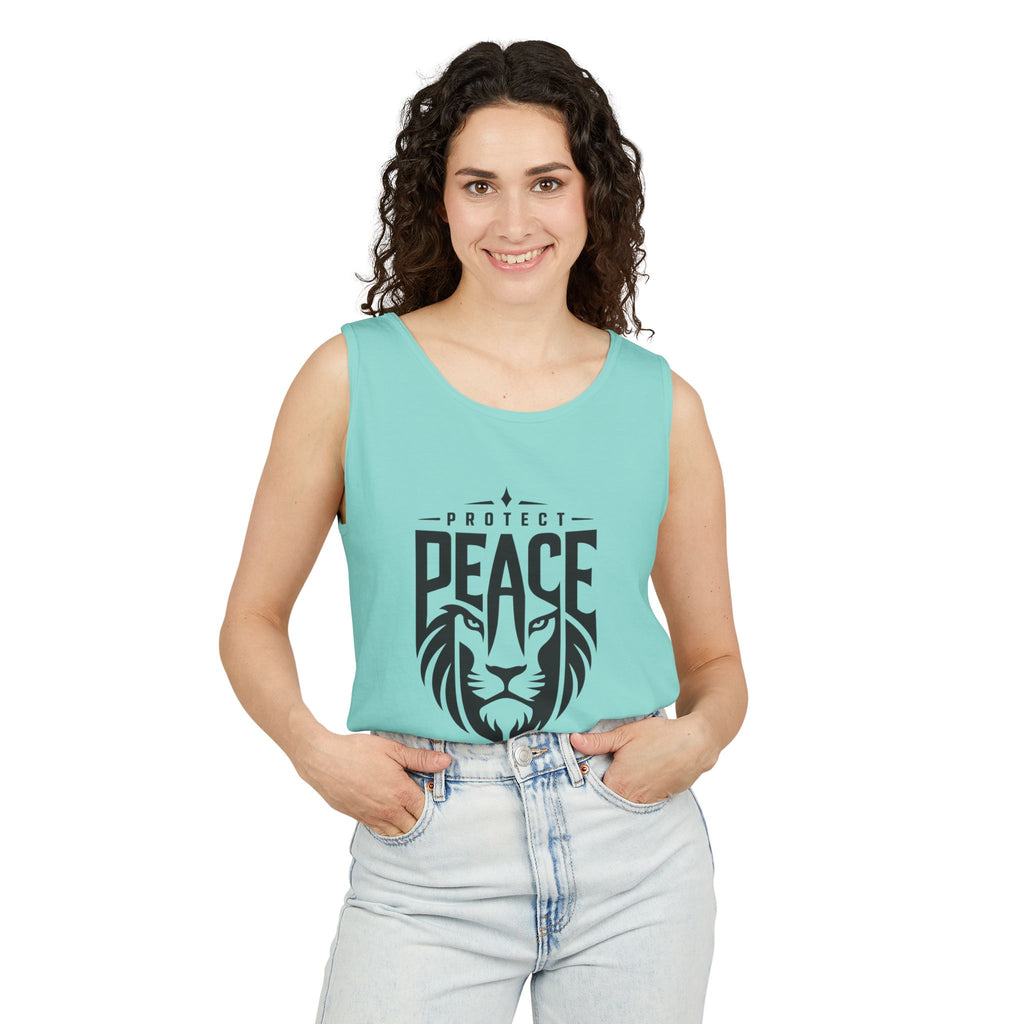 Protect Peace Lion Tank Top — Graphic Lion Shield Spiritual Tee