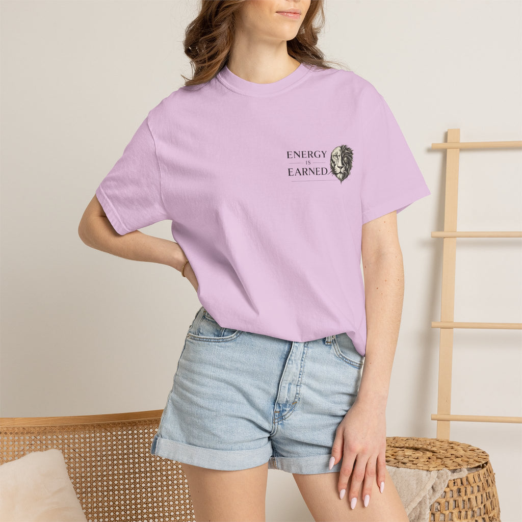 Energy Earned Lion Tee — Minimal Motivational Graphic T-Shirt