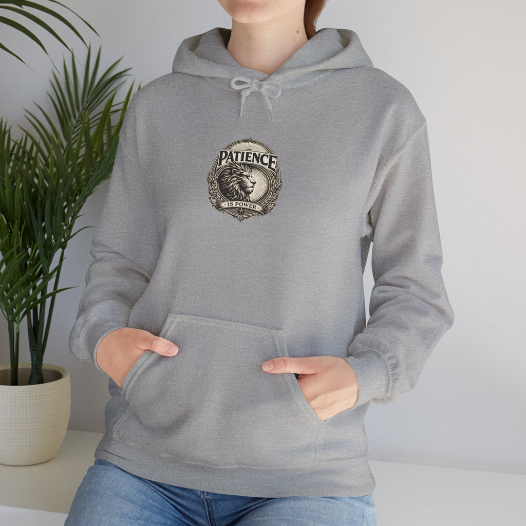 Patience Vintage Crest Hoodie — Inspirational Retro Emblem Sweatshirt