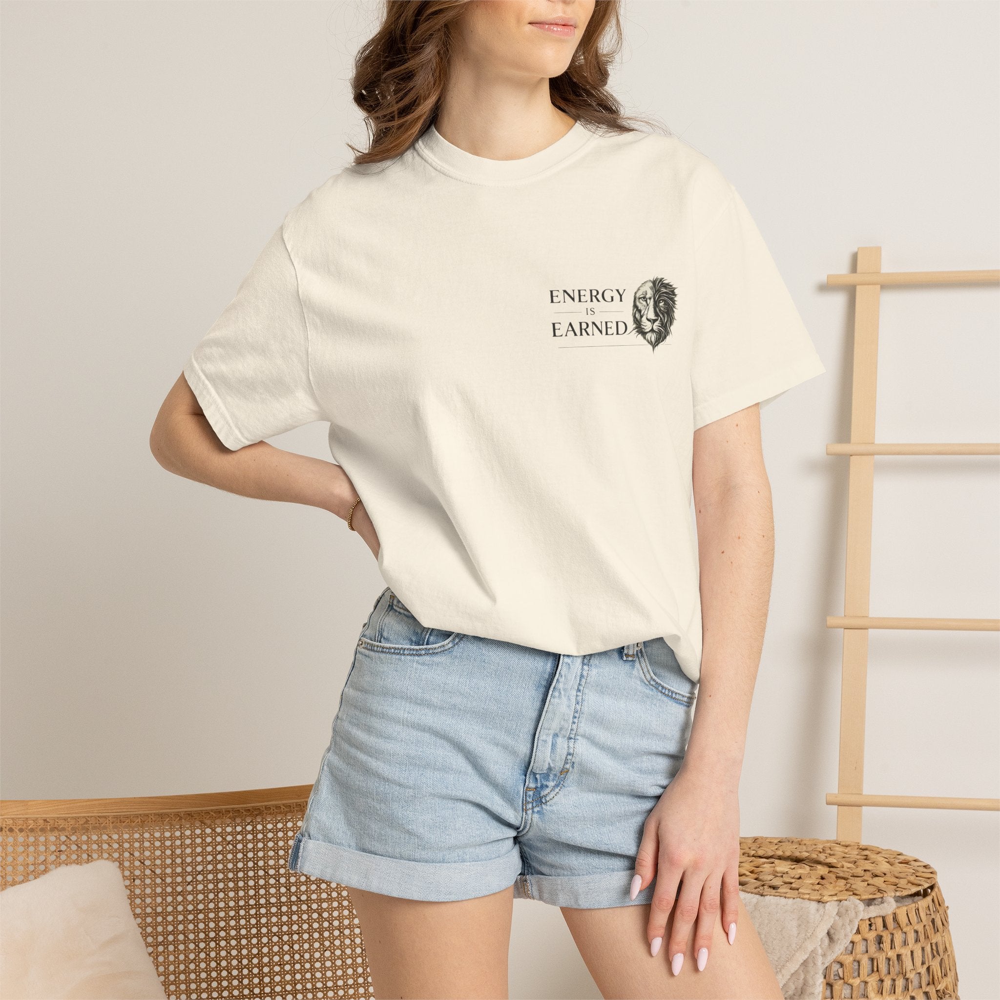 Energy Earned Lion Tee — Minimal Motivational Graphic T-Shirt