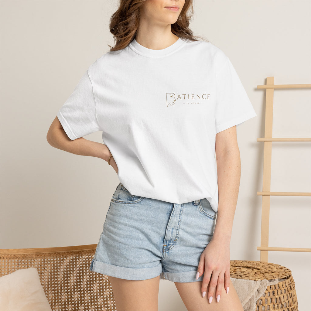 Patience Minimalist Tee — White Inspirational Graphic T-Shirt
