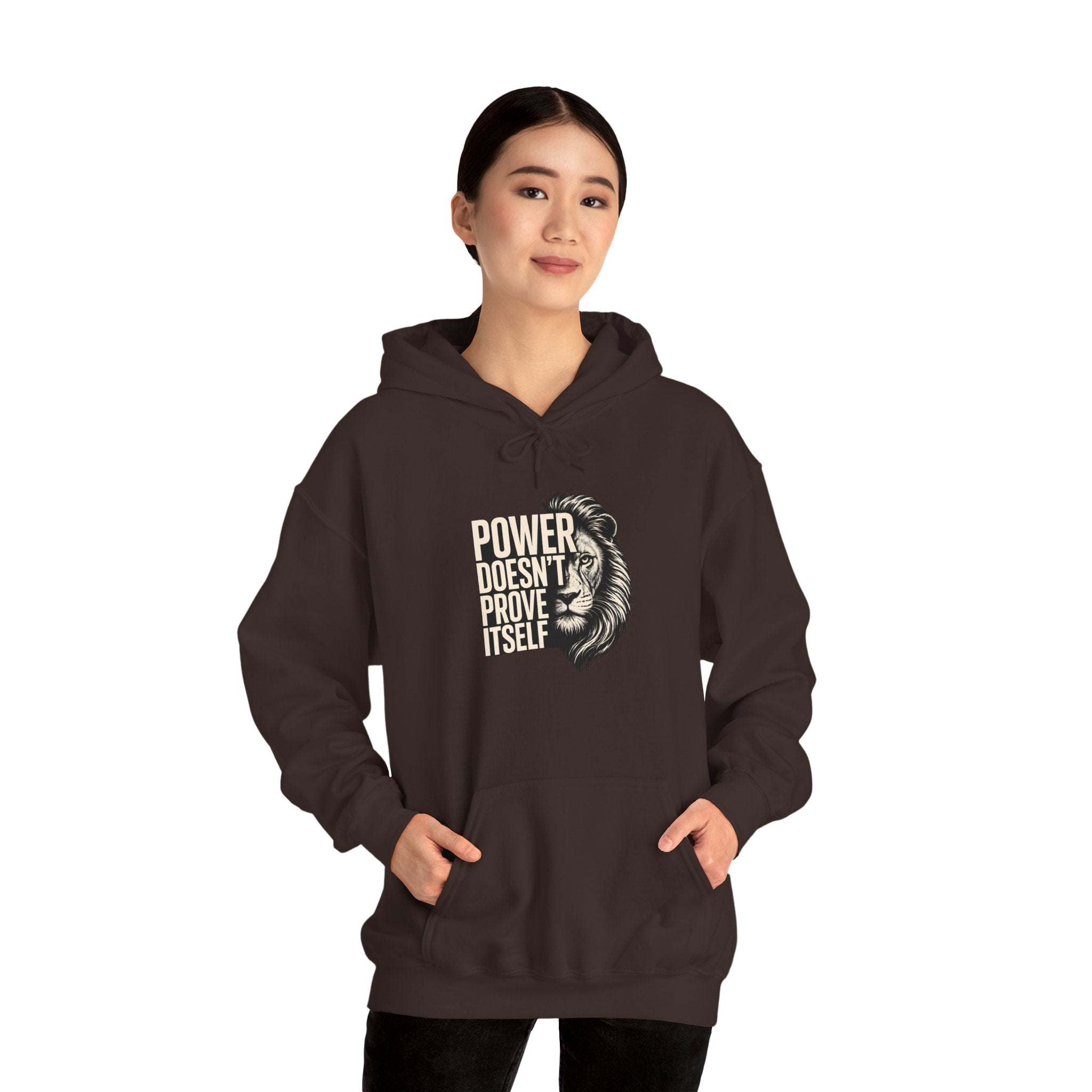 Lion 'Power Doesn't Prove Itself' Hoodie — Inspirational Graphic Sweatshirt