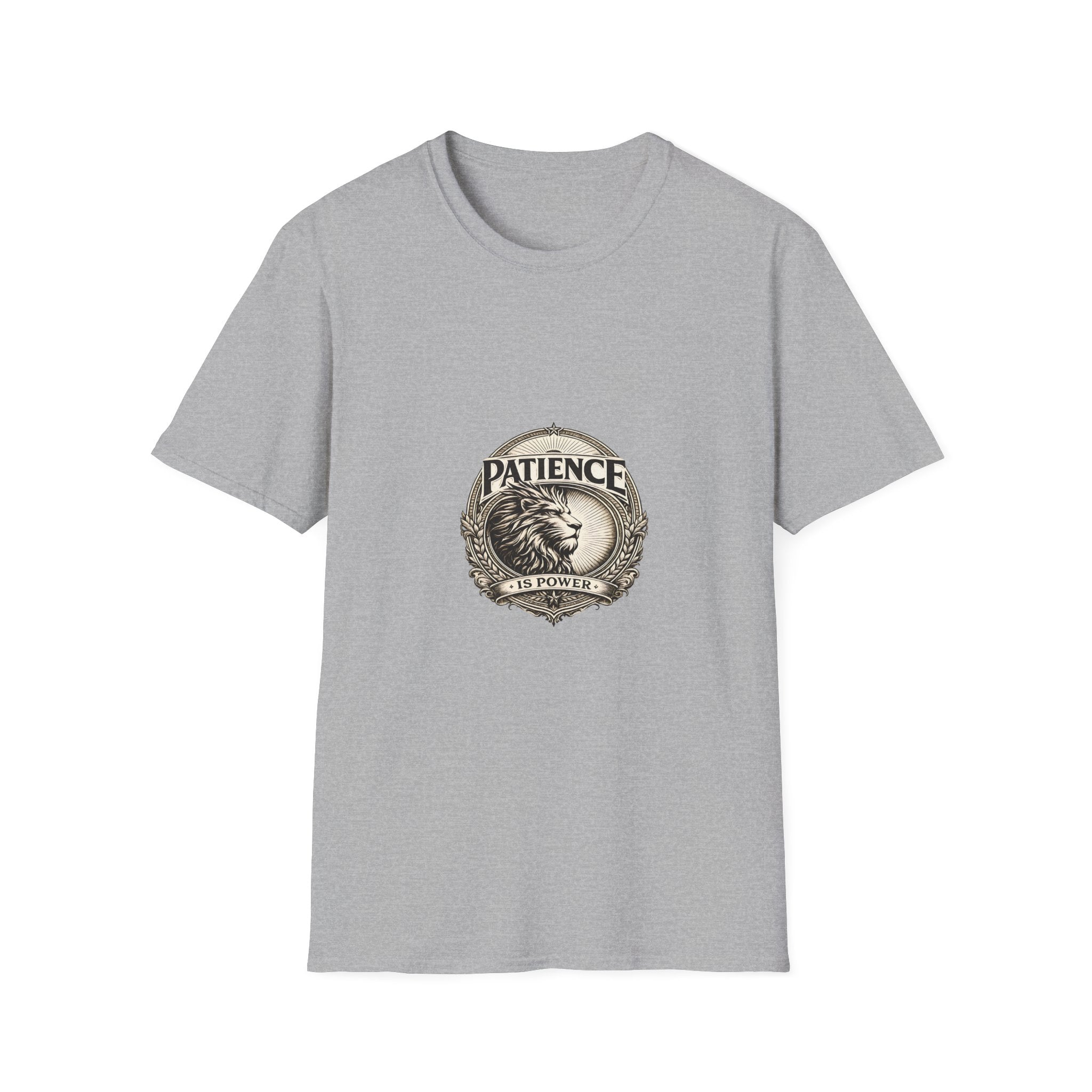 Patience Lion T-Shirt — Vintage Badge Tee with 'Patience' Quote