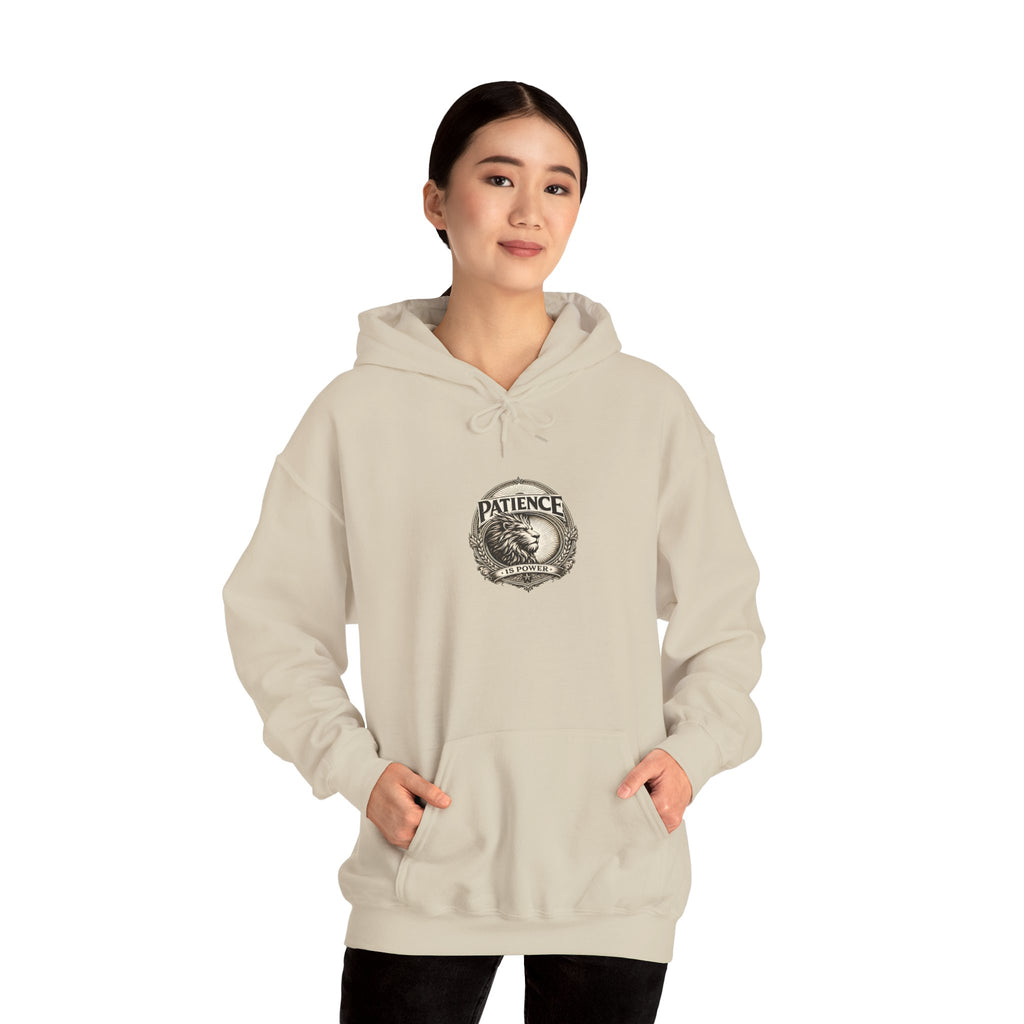Patience Vintage Crest Hoodie — Inspirational Retro Emblem Sweatshirt