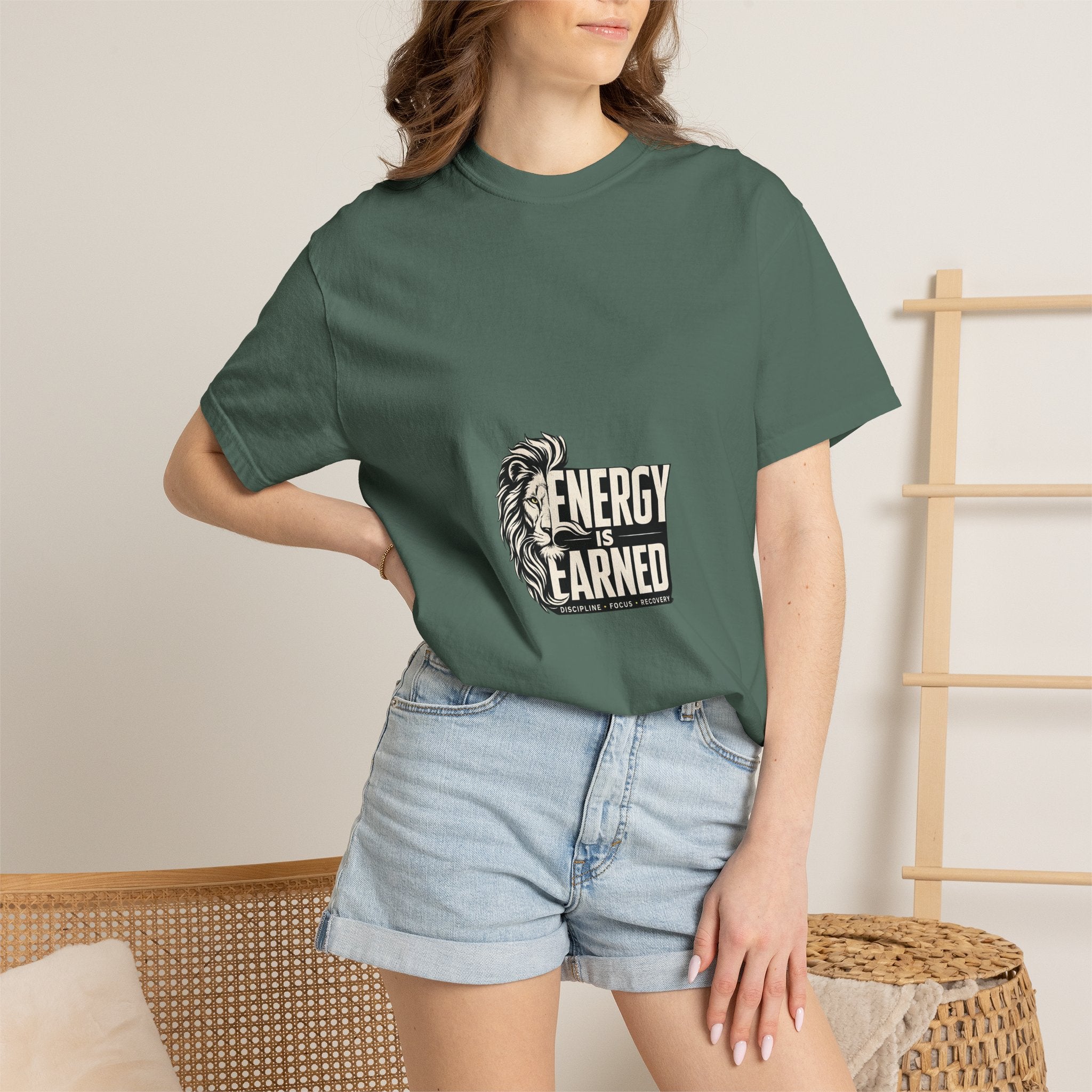 Energy Is Earned T-Shirt — Lion Graphic Motivational Tee