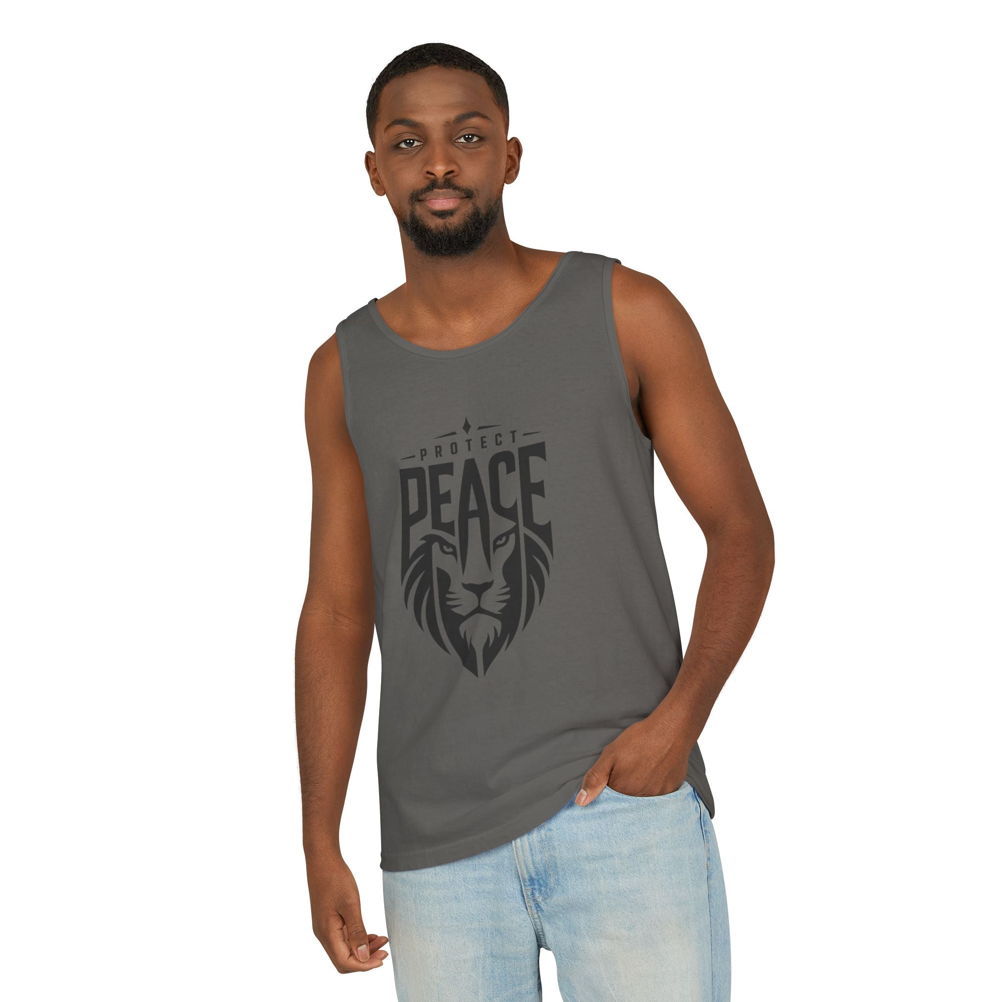 Protect Peace Lion Tank Top — Graphic Lion Shield Spiritual Tee