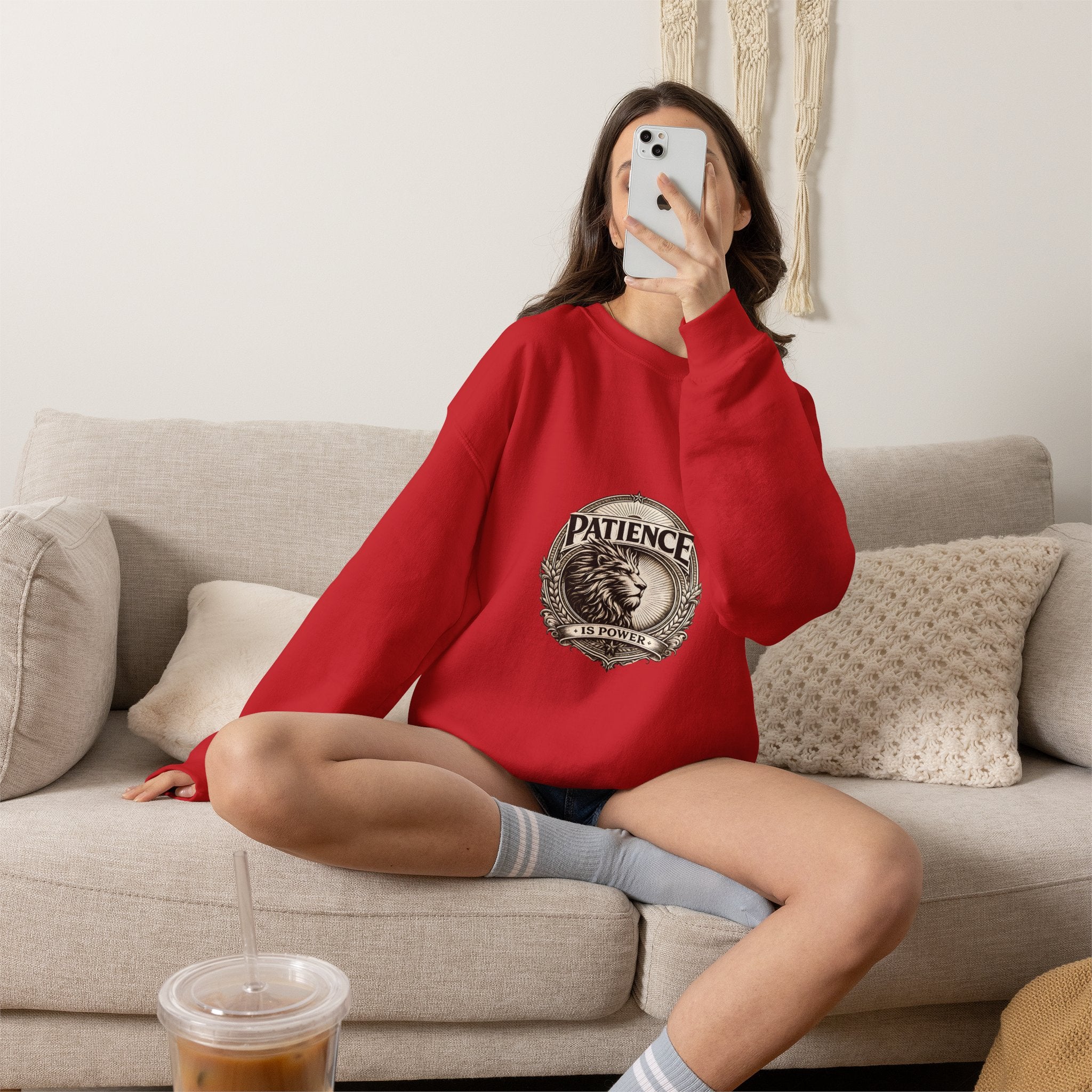 Patience Lion Crewneck Sweatshirt — Vintage Emblem Graphic