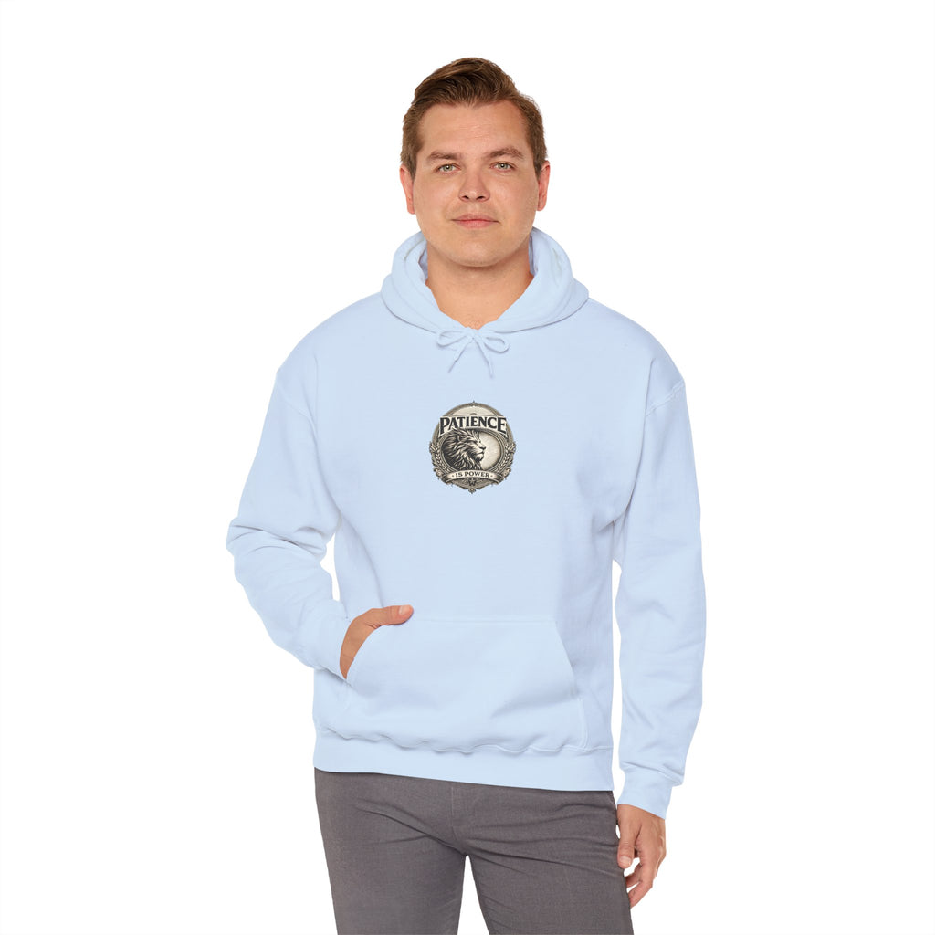 Patience Vintage Crest Hoodie — Inspirational Retro Emblem Sweatshirt