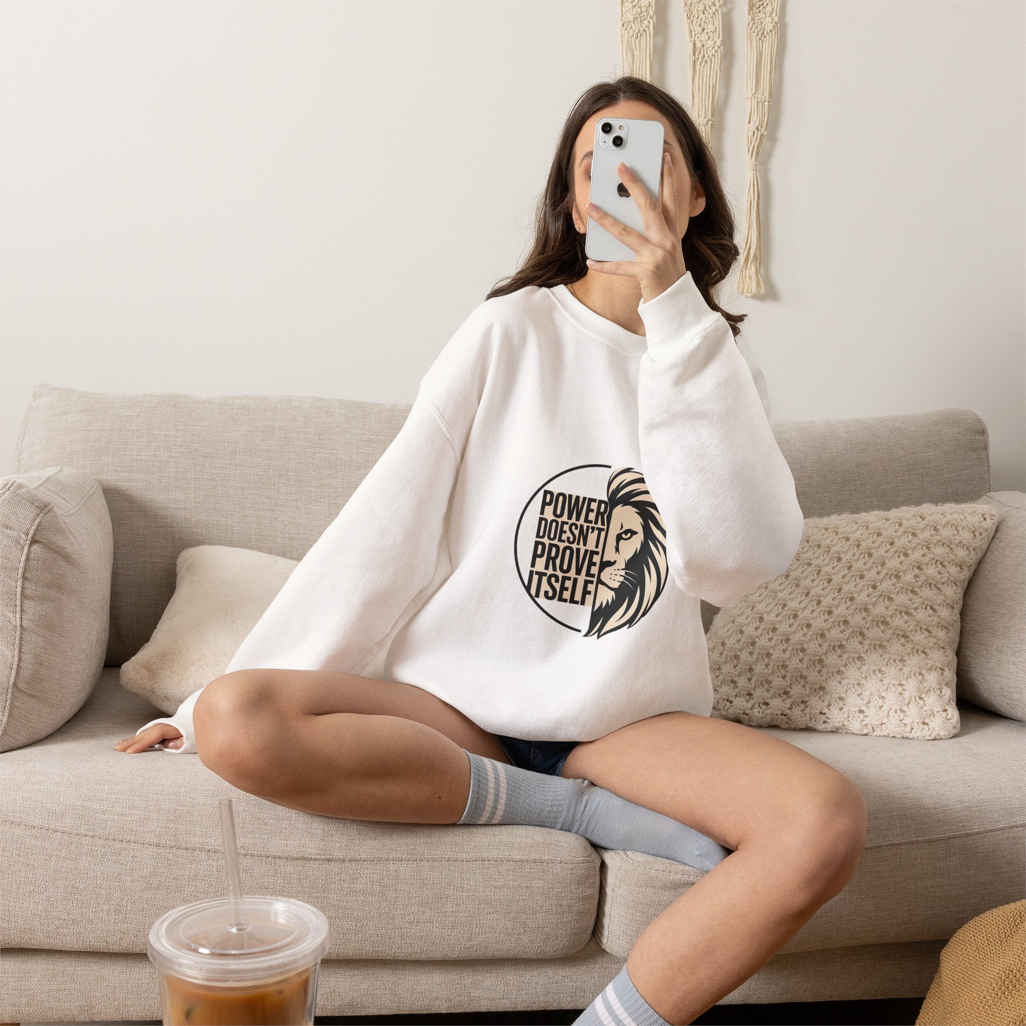 Crewneck Sweatshirt — "Power Doesn't Prove Itself" Lion Graphic Motivational Pullover