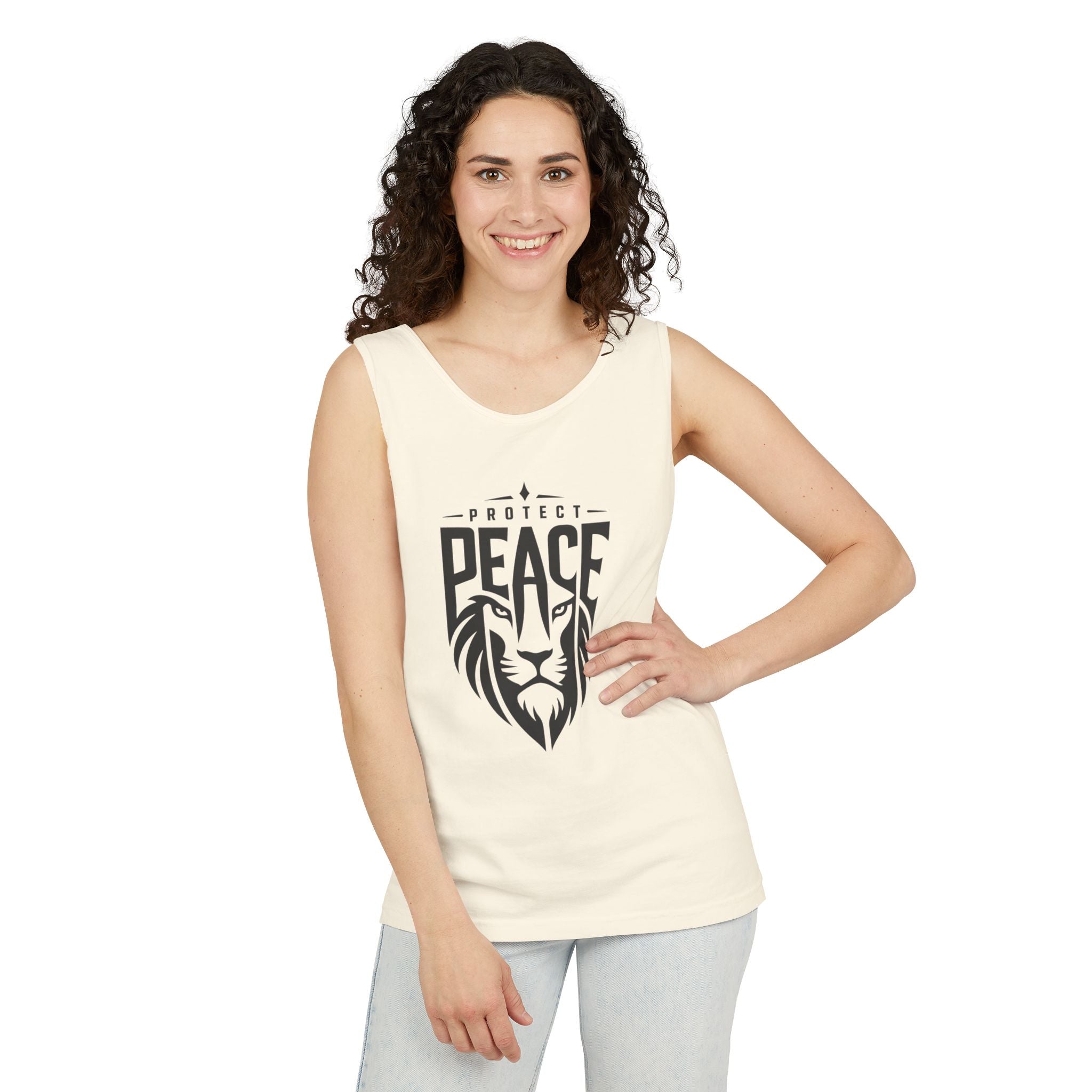 Protect Peace Lion Tank Top — Graphic Lion Shield Spiritual Tee