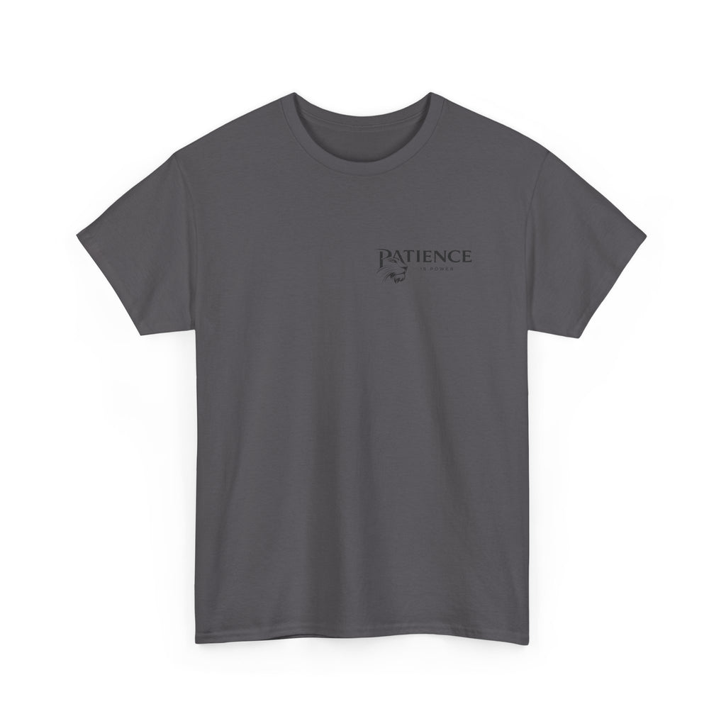 Patience Minimalist Tee — Small Script Floral Chest Print