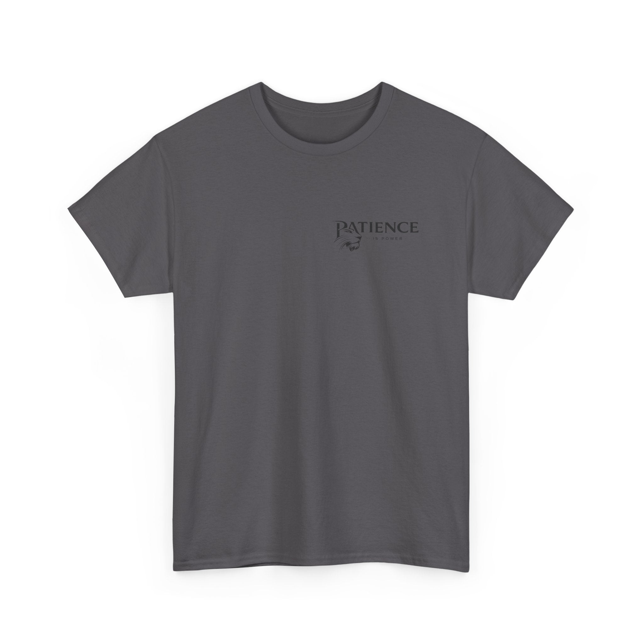 Patience Minimalist Tee — Small Script Floral Chest Print