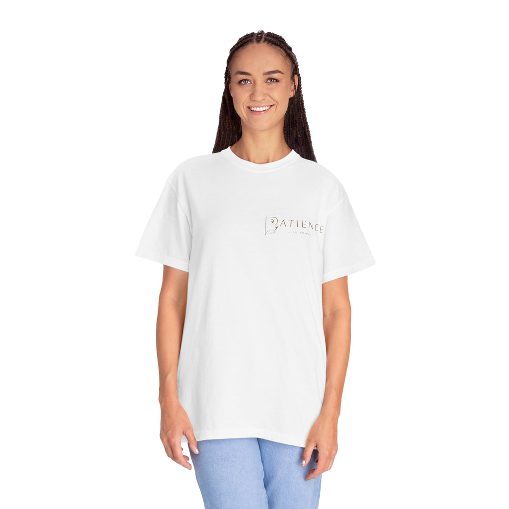 Patience Minimalist Tee — White Inspirational Graphic T-Shirt