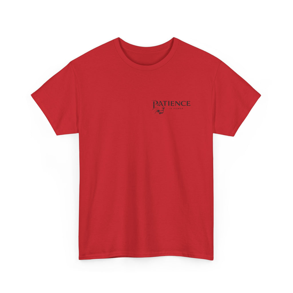 Patience Minimalist Tee — Small Script Floral Chest Print