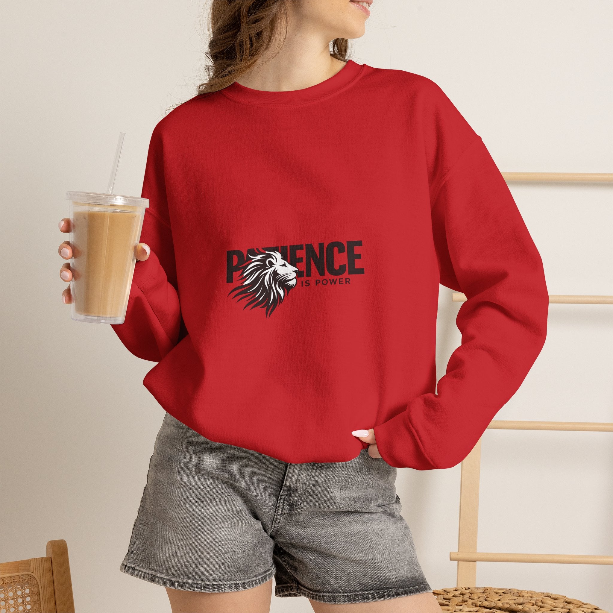 Patience Is Power Crewneck Sweatshirt — Lion Graphic Inspirational Pullover