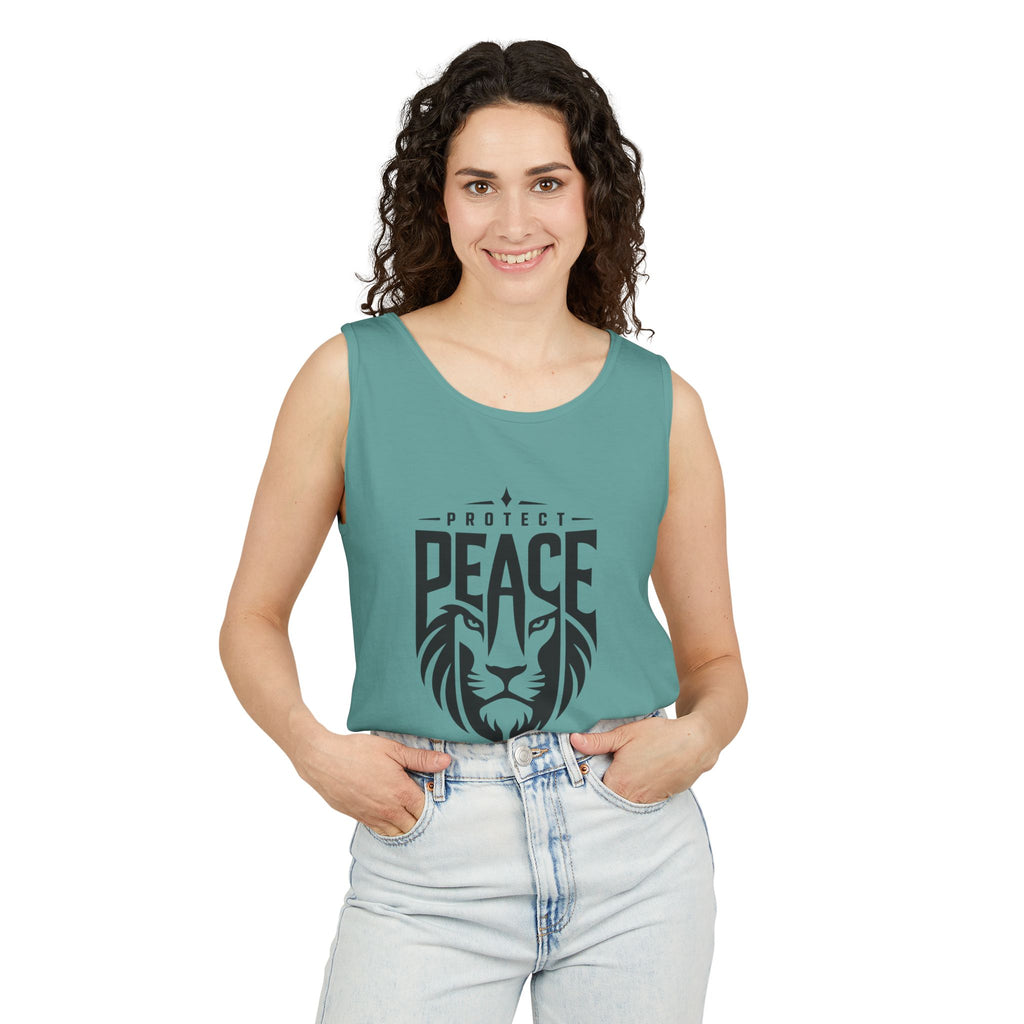 Protect Peace Lion Tank Top — Graphic Lion Shield Spiritual Tee