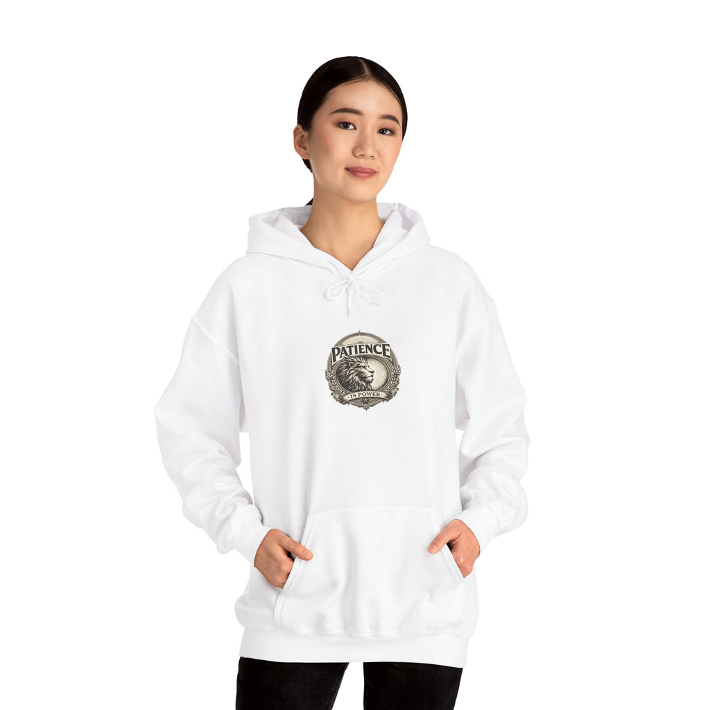Patience Vintage Crest Hoodie — Inspirational Retro Emblem Sweatshirt
