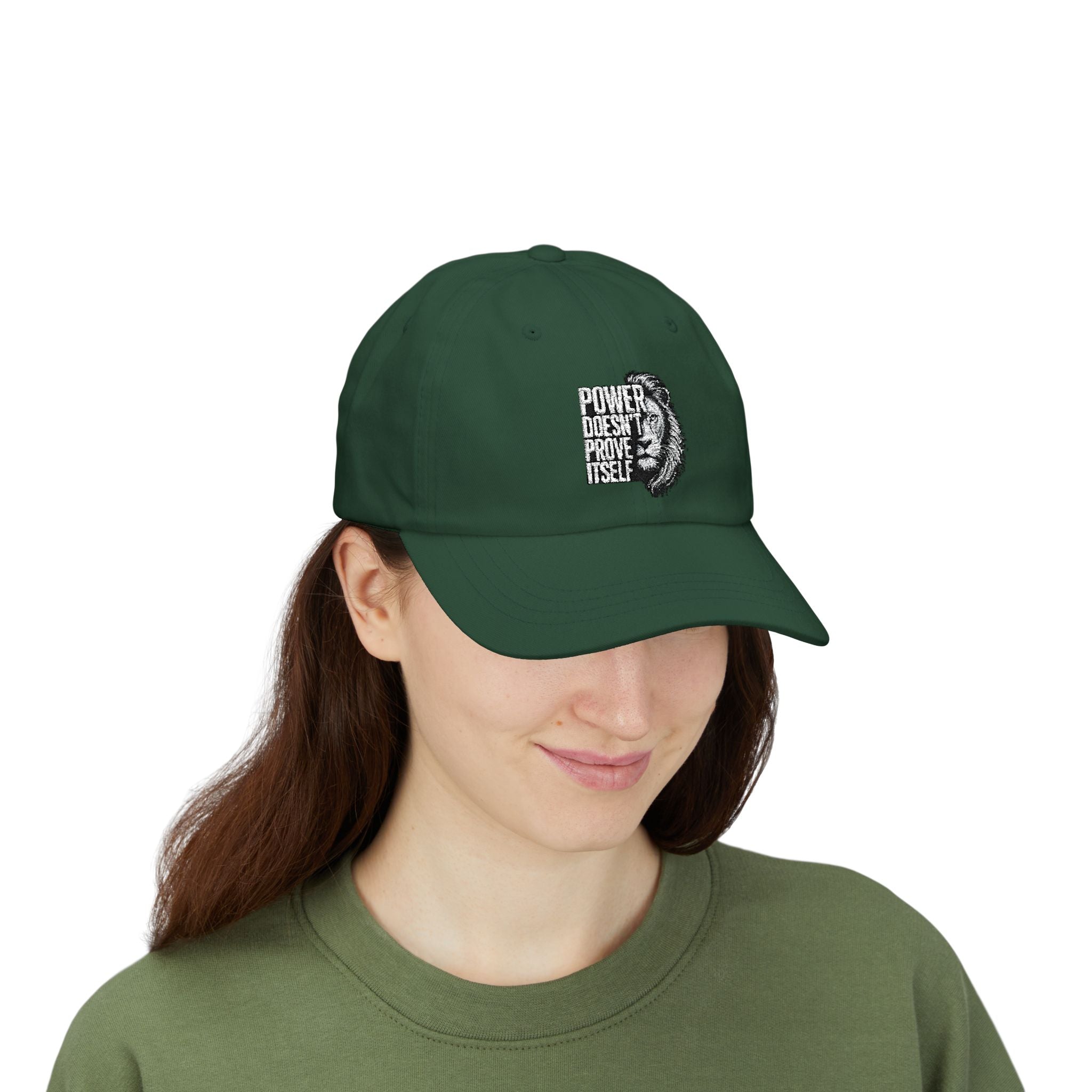 Classic Dad Cap - 'Power Doesn't Prove Itself' Lion Graphic Hat