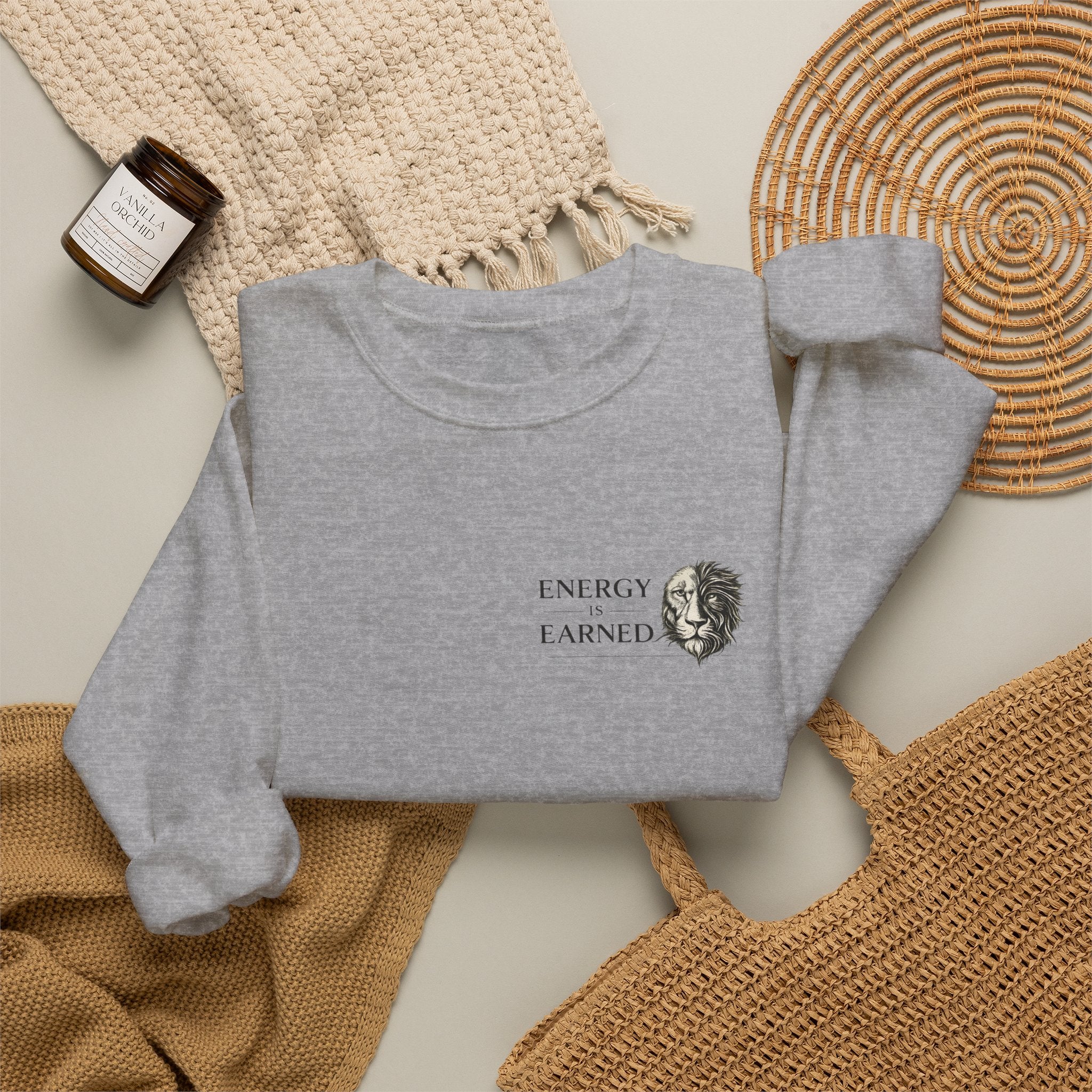 Energy Earned Crewneck Sweatshirt — Minimalist Motivational Graphic