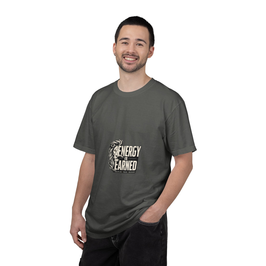 Energy Is Earned T-Shirt — Lion Graphic Motivational Tee