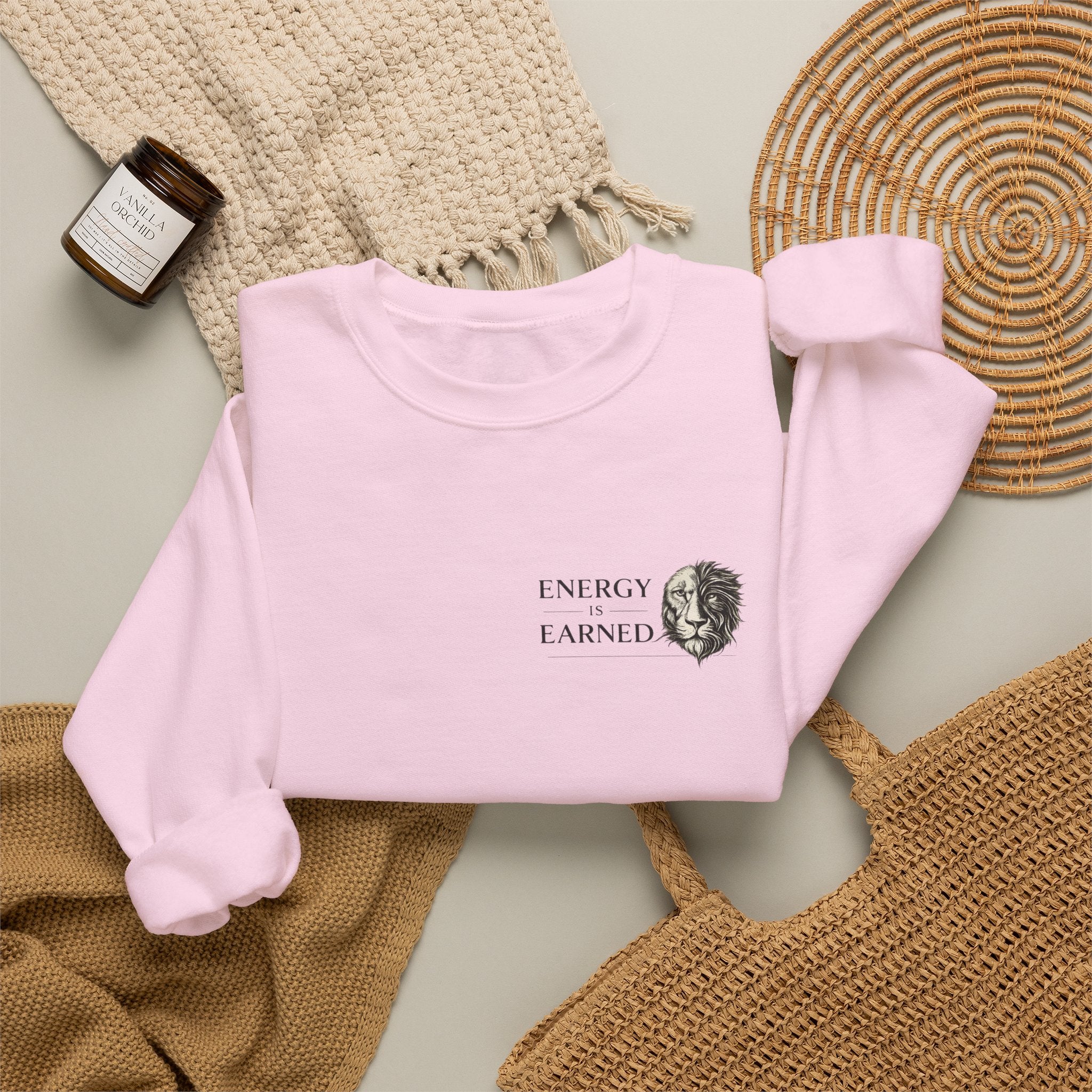 Energy Earned Crewneck Sweatshirt — Minimalist Motivational Graphic