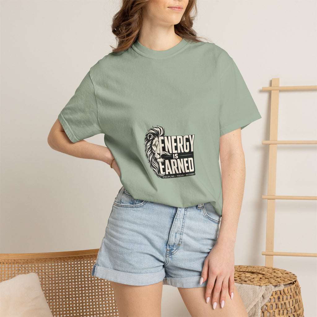 Energy Is Earned T-Shirt — Lion Graphic Motivational Tee