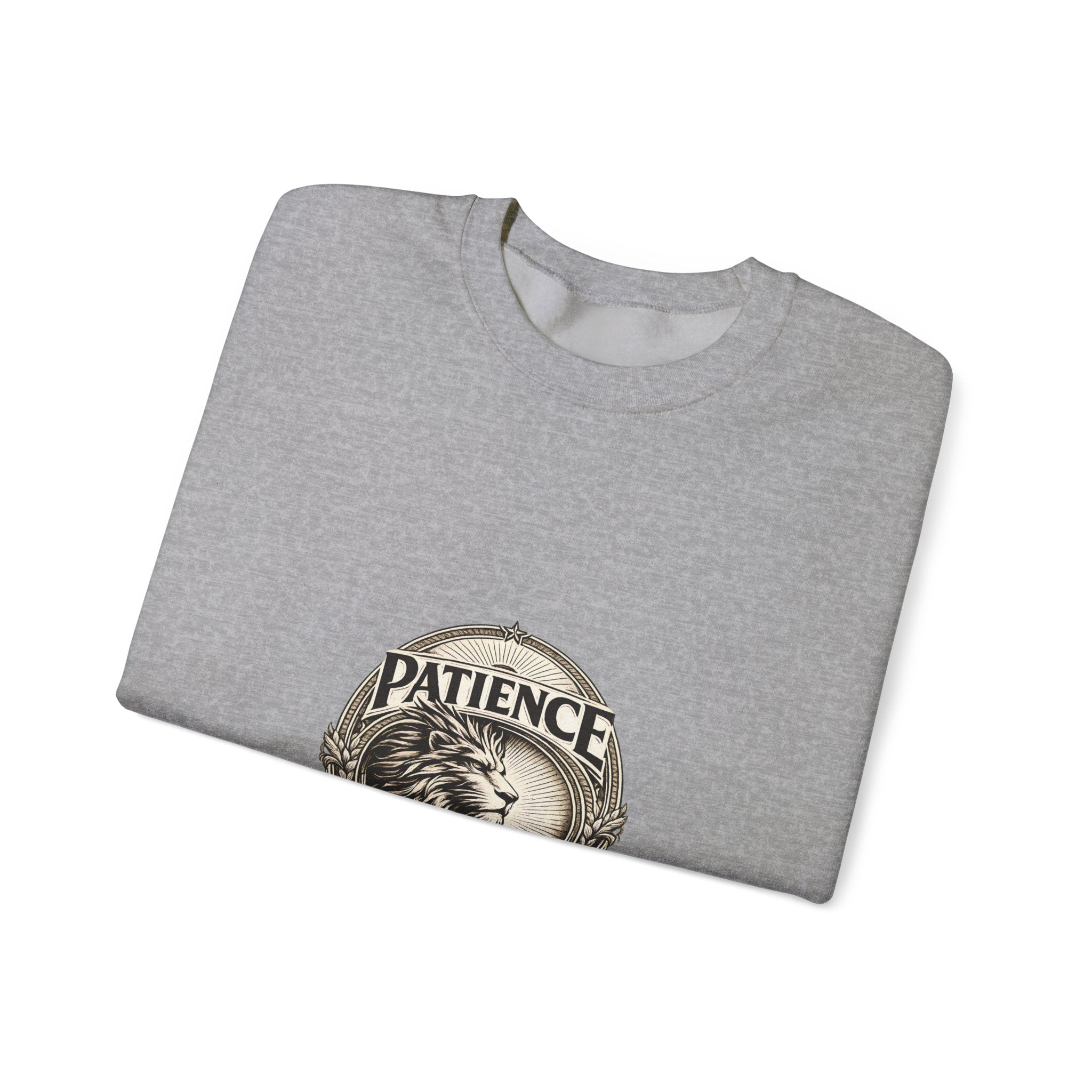 Patience Lion Crewneck Sweatshirt — Vintage Emblem Graphic