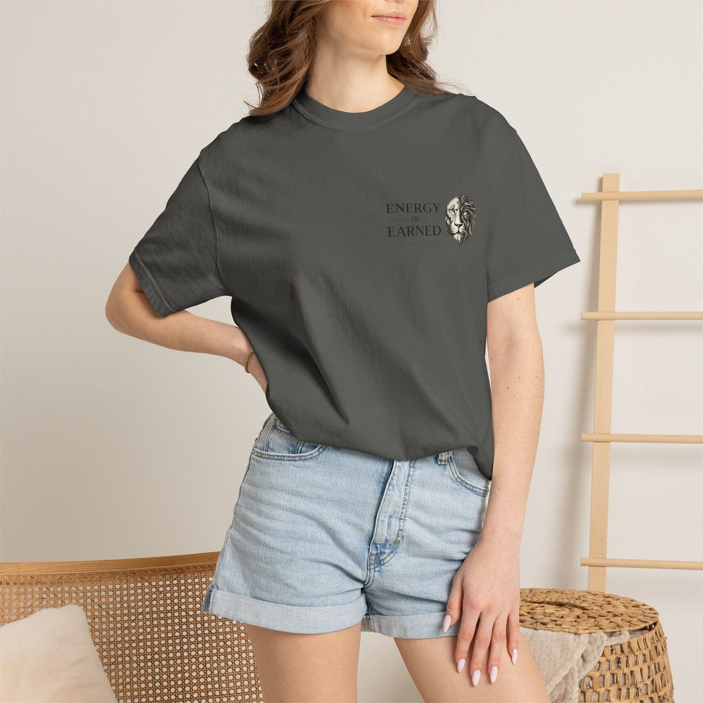 Energy Earned Lion Tee — Minimal Motivational Graphic T-Shirt