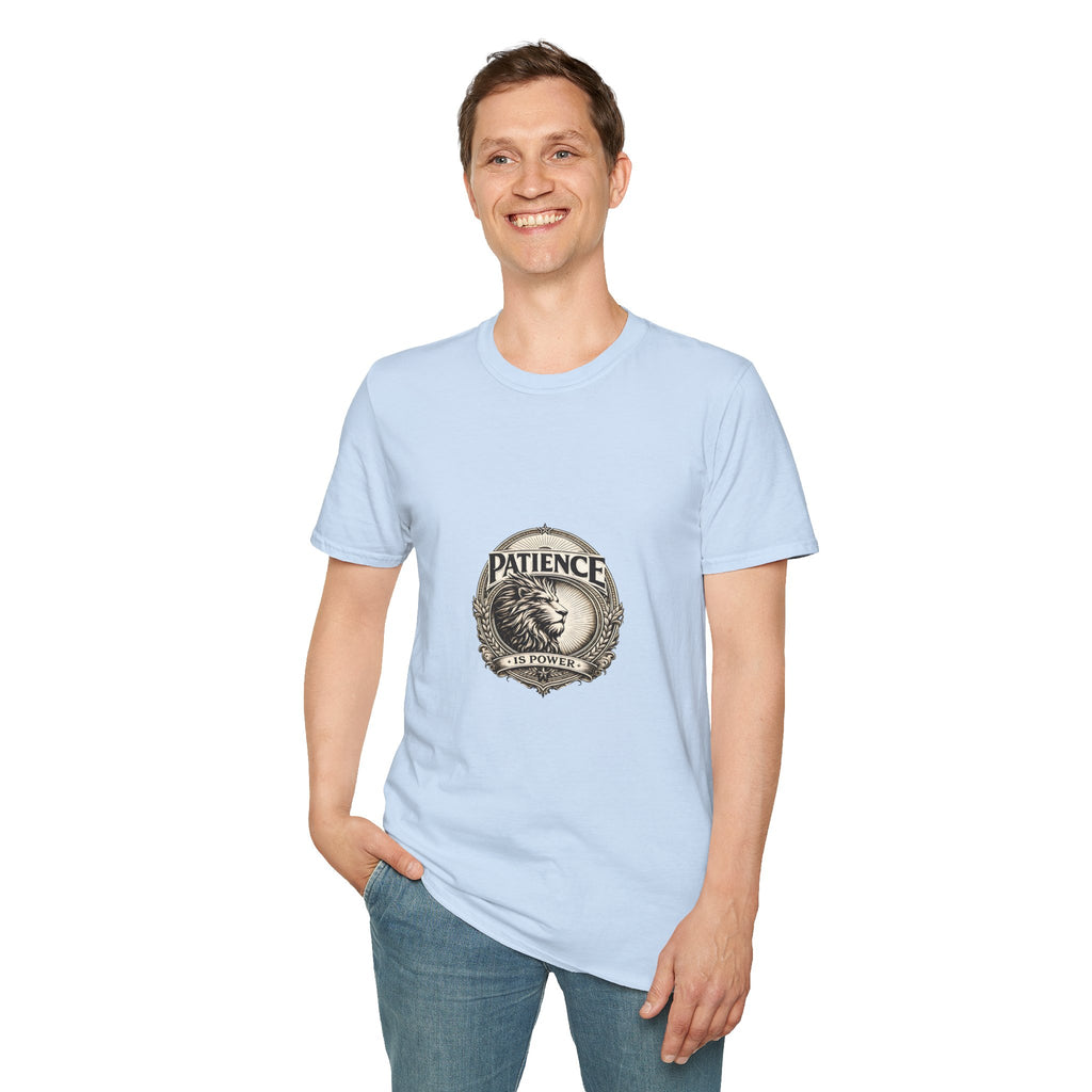 Patience Lion T-Shirt — Vintage Badge Tee with 'Patience' Quote