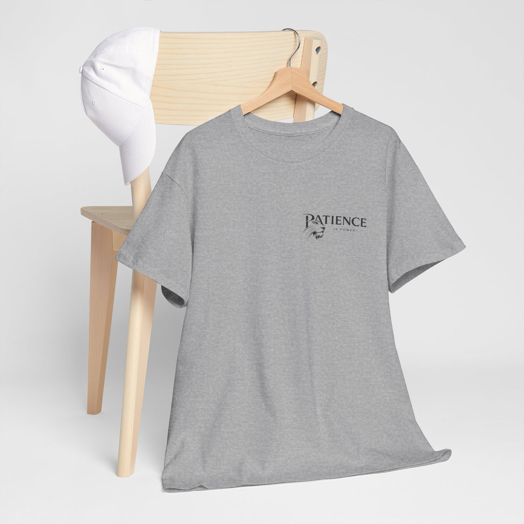 Patience Minimalist Tee — Small Script Floral Chest Print