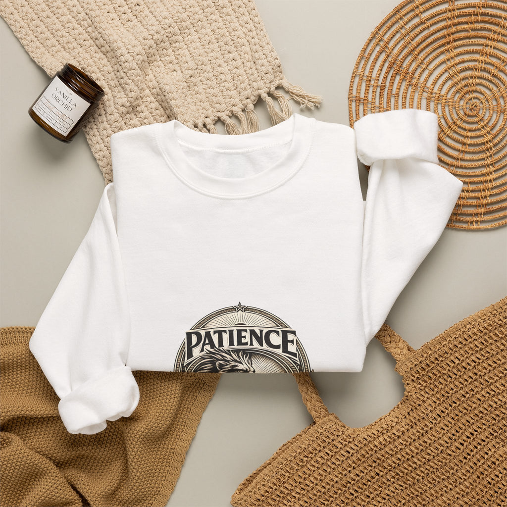 Patience Lion Crewneck Sweatshirt — Vintage Emblem Graphic
