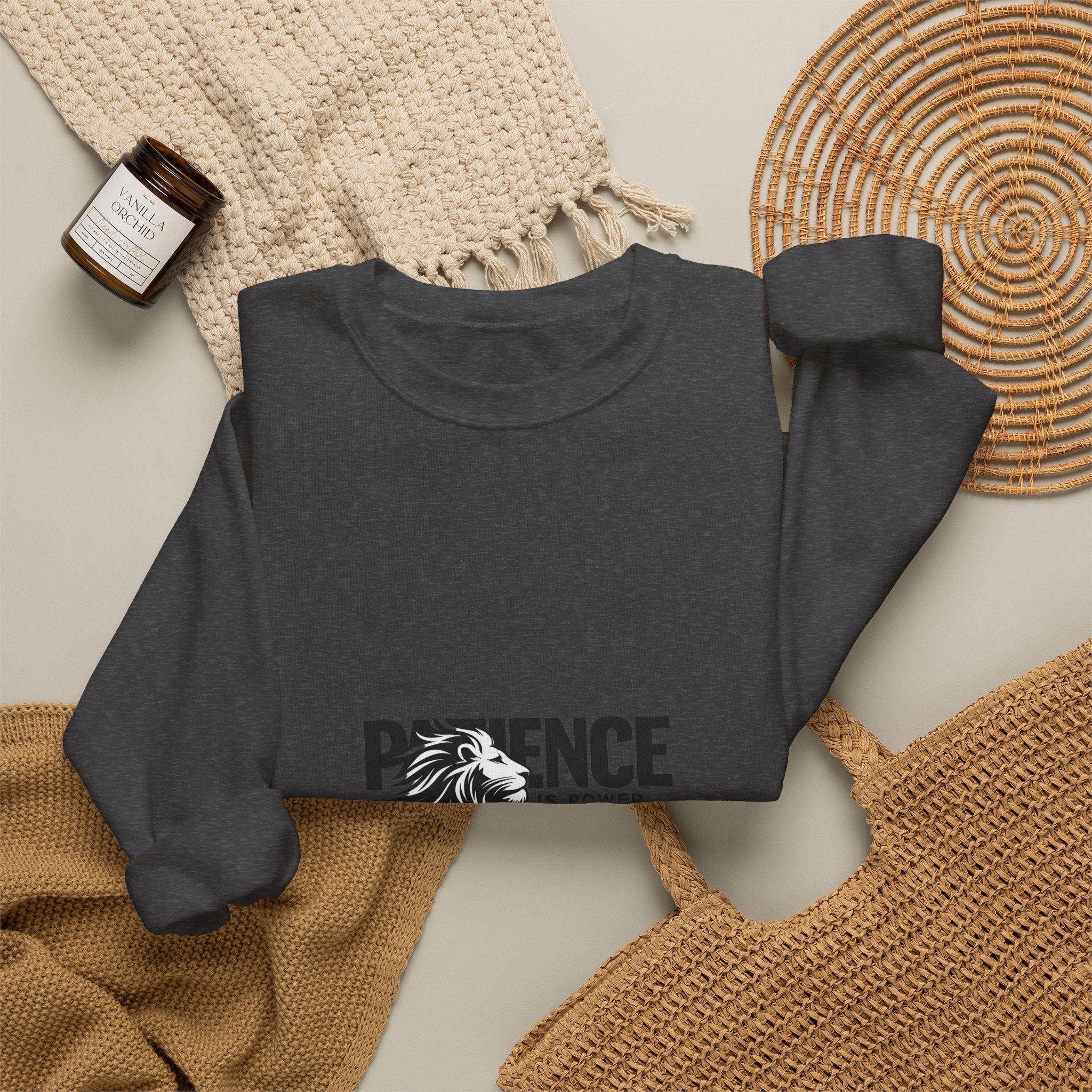 Patience Is Power Crewneck Sweatshirt — Lion Graphic Inspirational Pullover