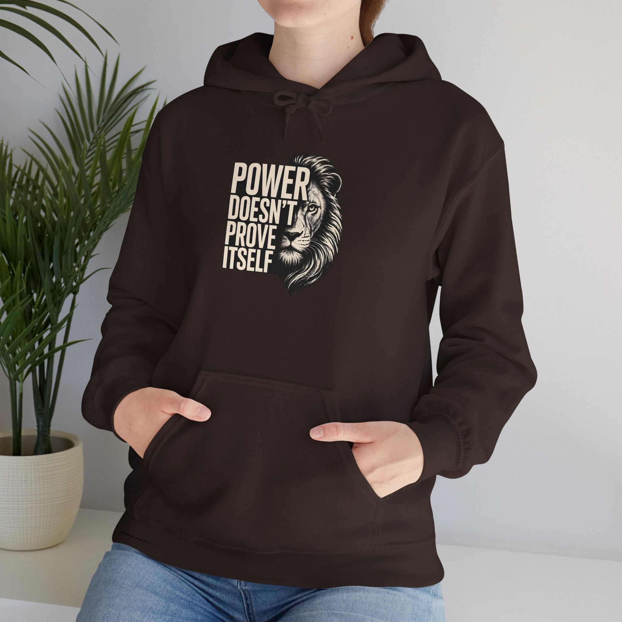Lion 'Power Doesn't Prove Itself' Hoodie — Inspirational Graphic Sweatshirt