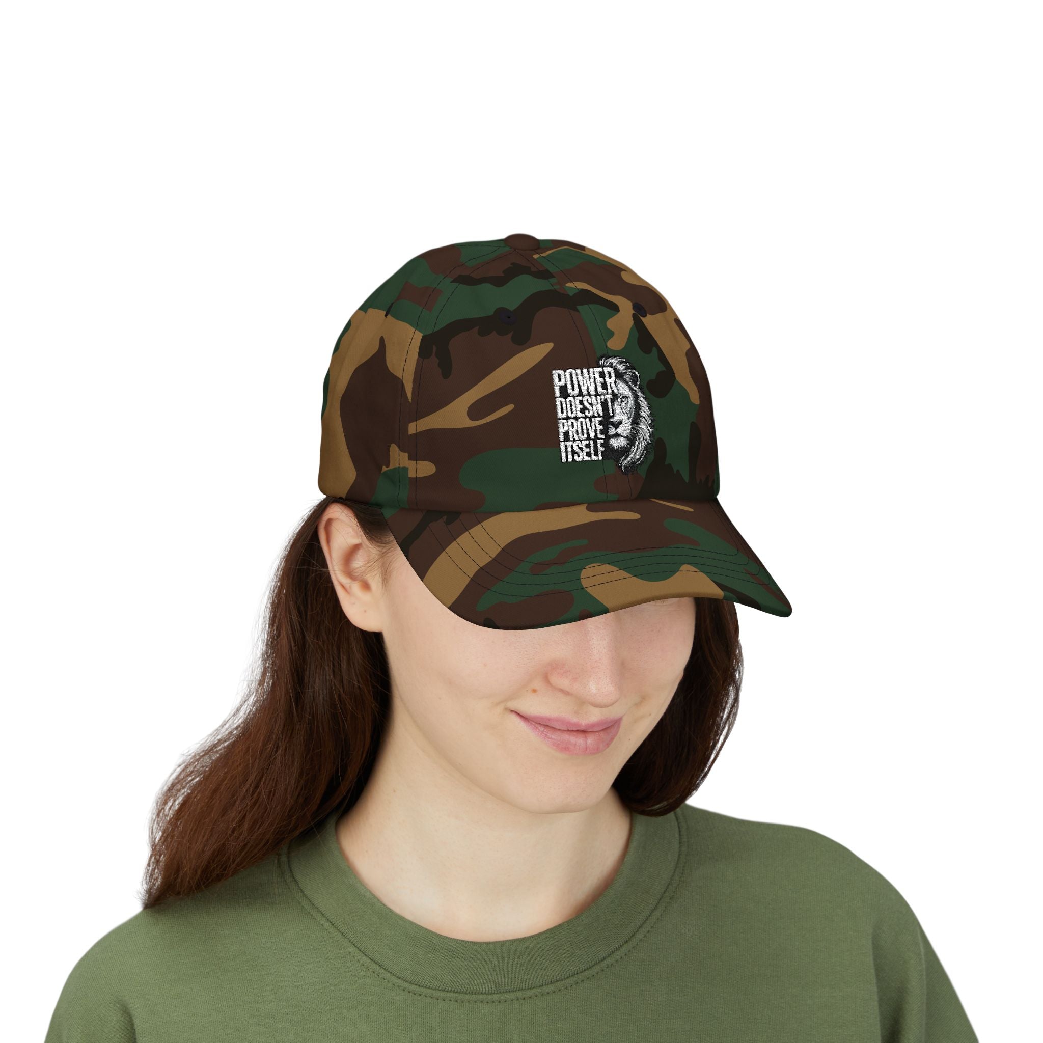 Classic Dad Cap - 'Power Doesn't Prove Itself' Lion Graphic Hat