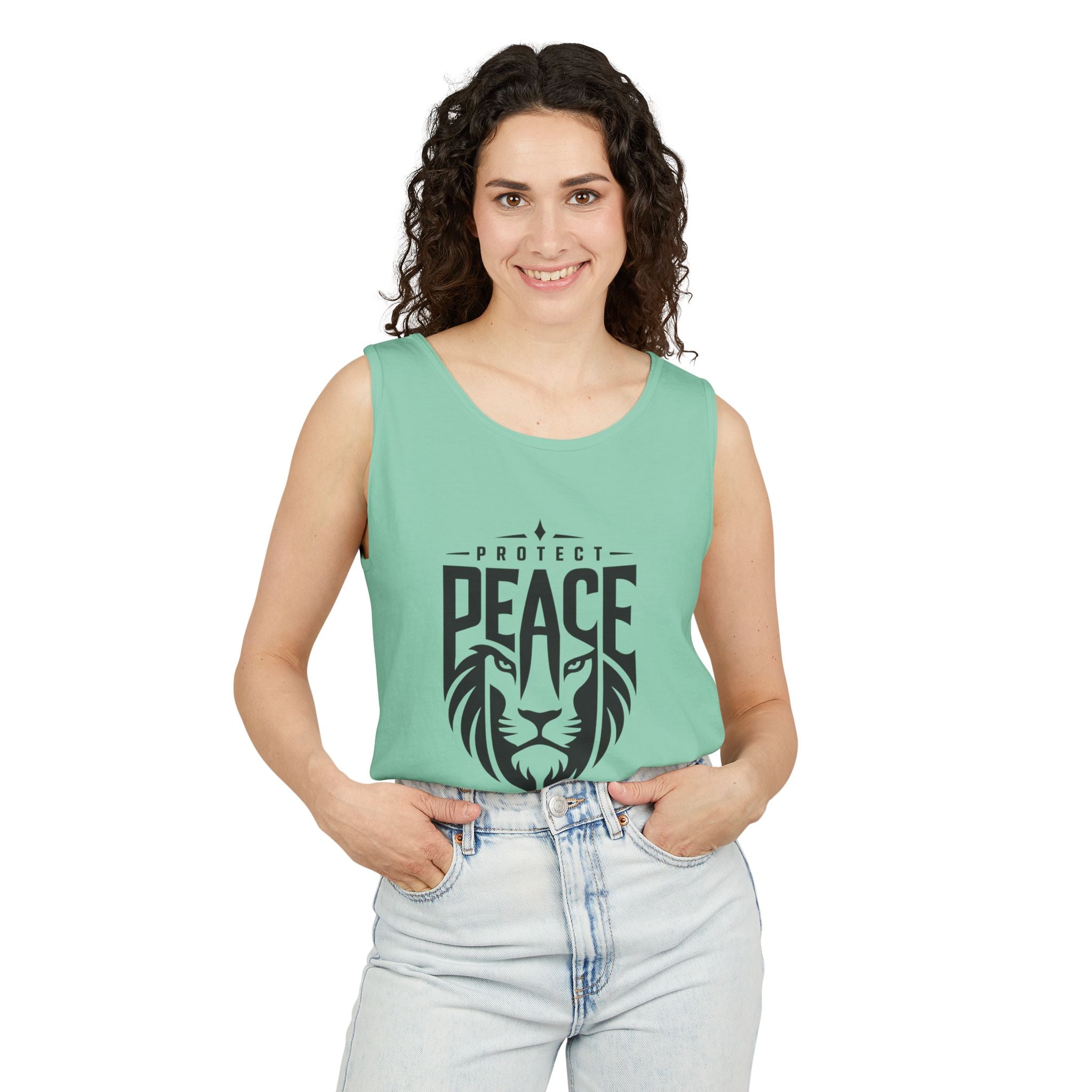 Protect Peace Lion Tank Top — Graphic Lion Shield Spiritual Tee
