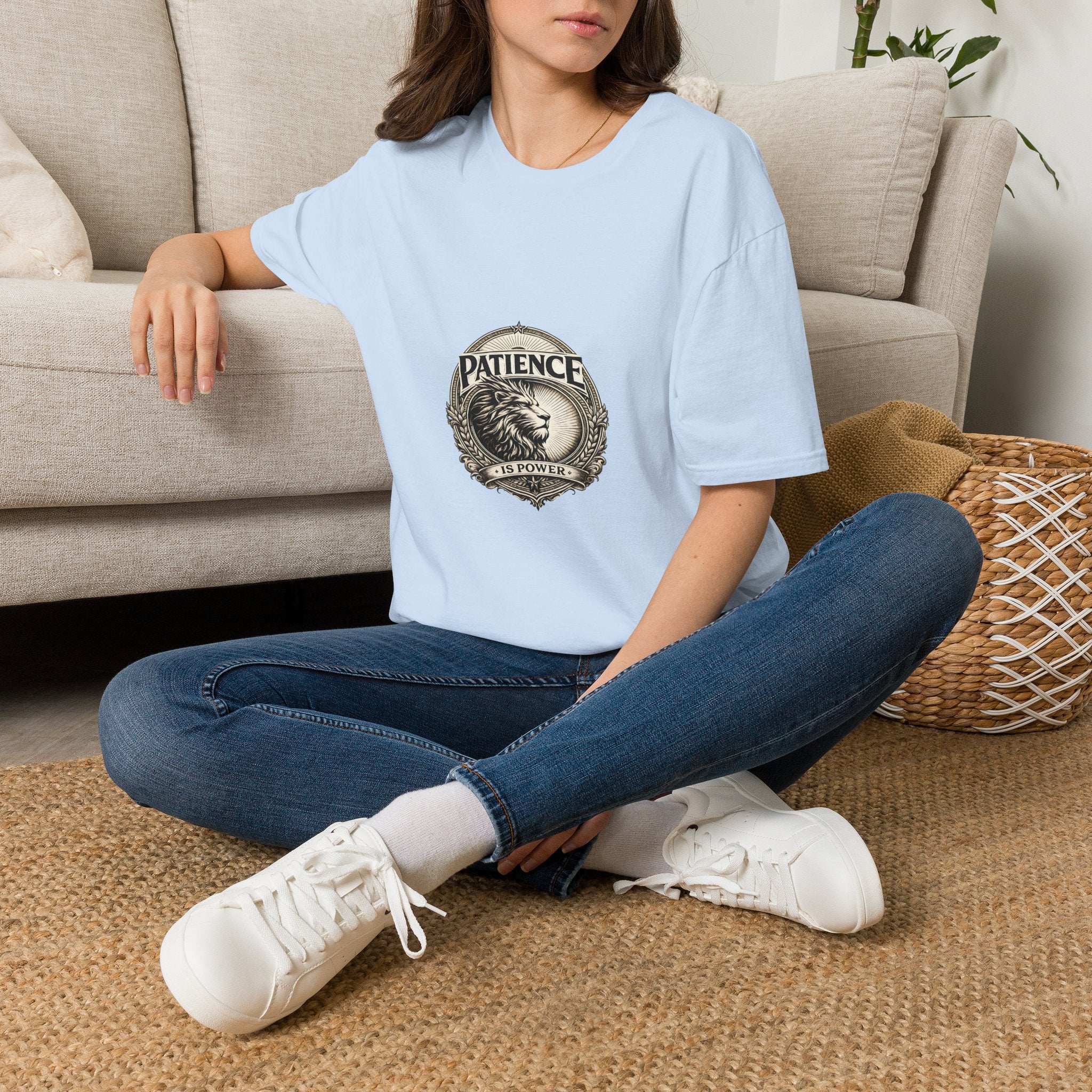Patience Lion T-Shirt — Vintage Badge Tee with 'Patience' Quote