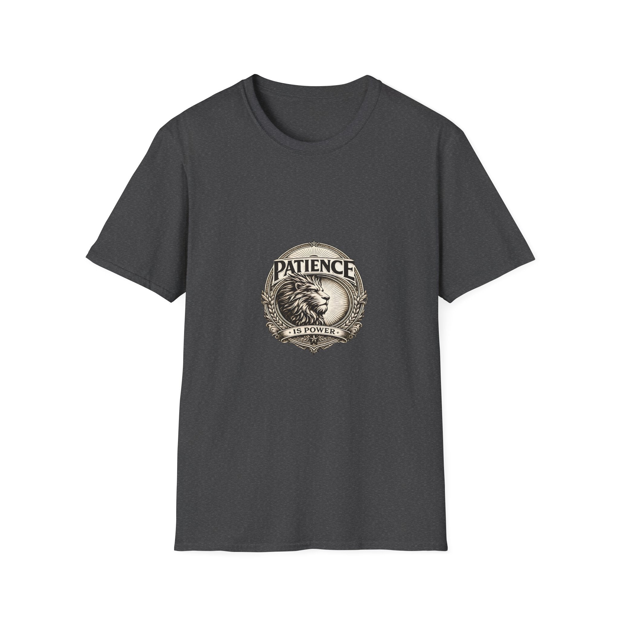 Patience Lion T-Shirt — Vintage Badge Tee with 'Patience' Quote