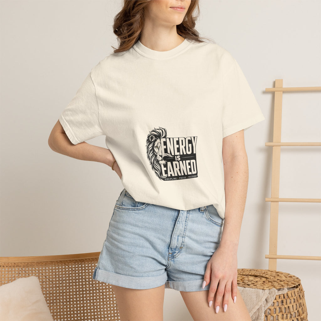 Energy Is Earned T-Shirt — Lion Graphic Motivational Tee
