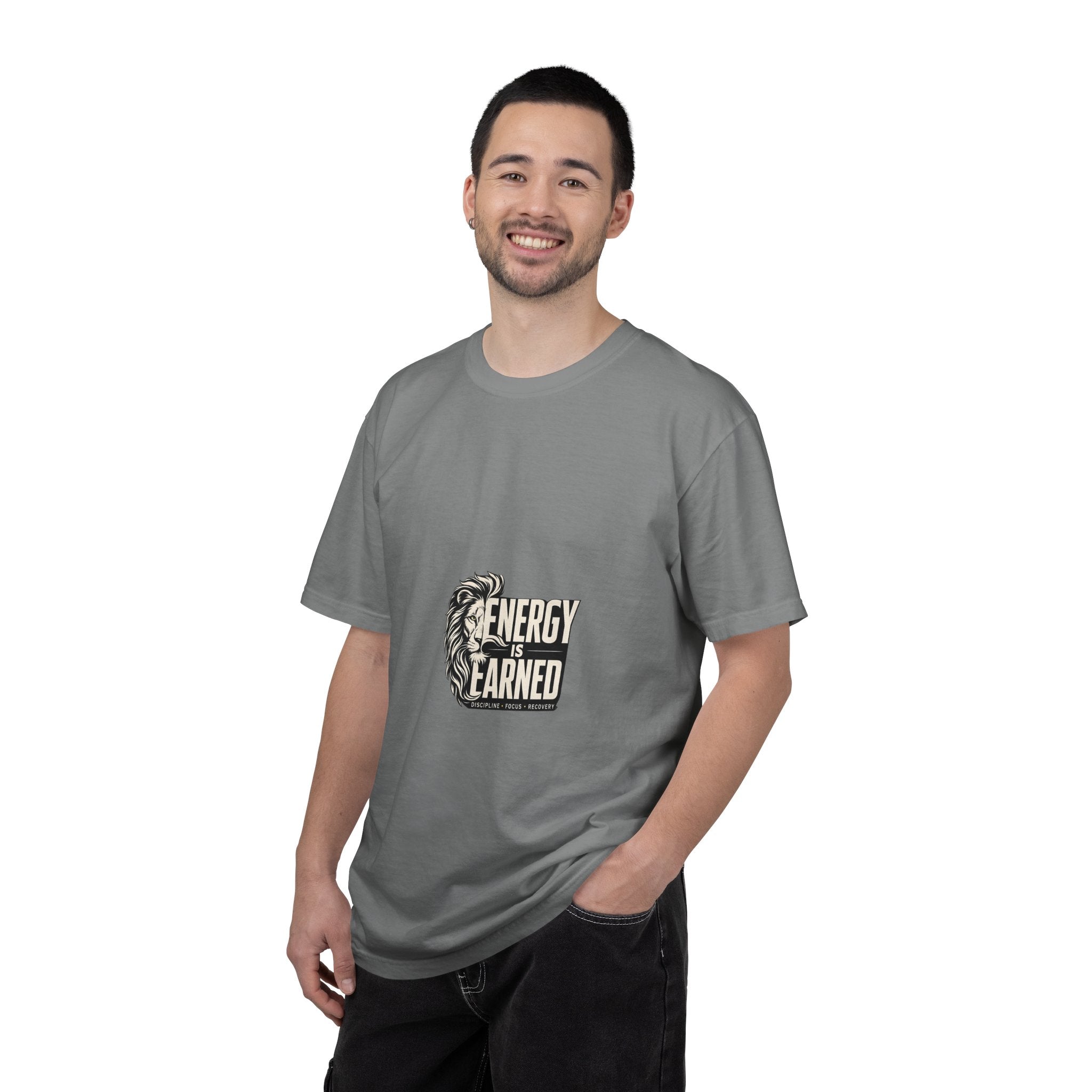 Energy Is Earned T-Shirt — Lion Graphic Motivational Tee