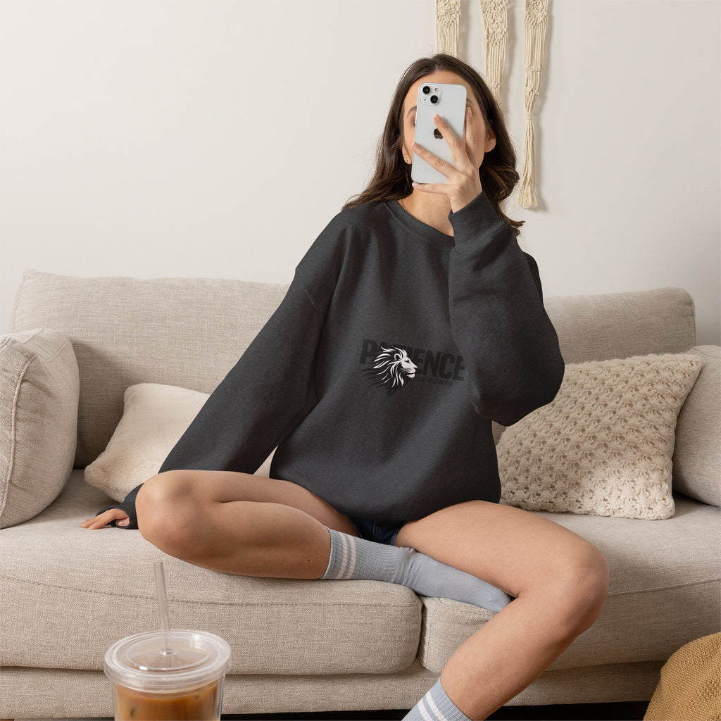 Patience Is Power Crewneck Sweatshirt — Lion Graphic Inspirational Pullover