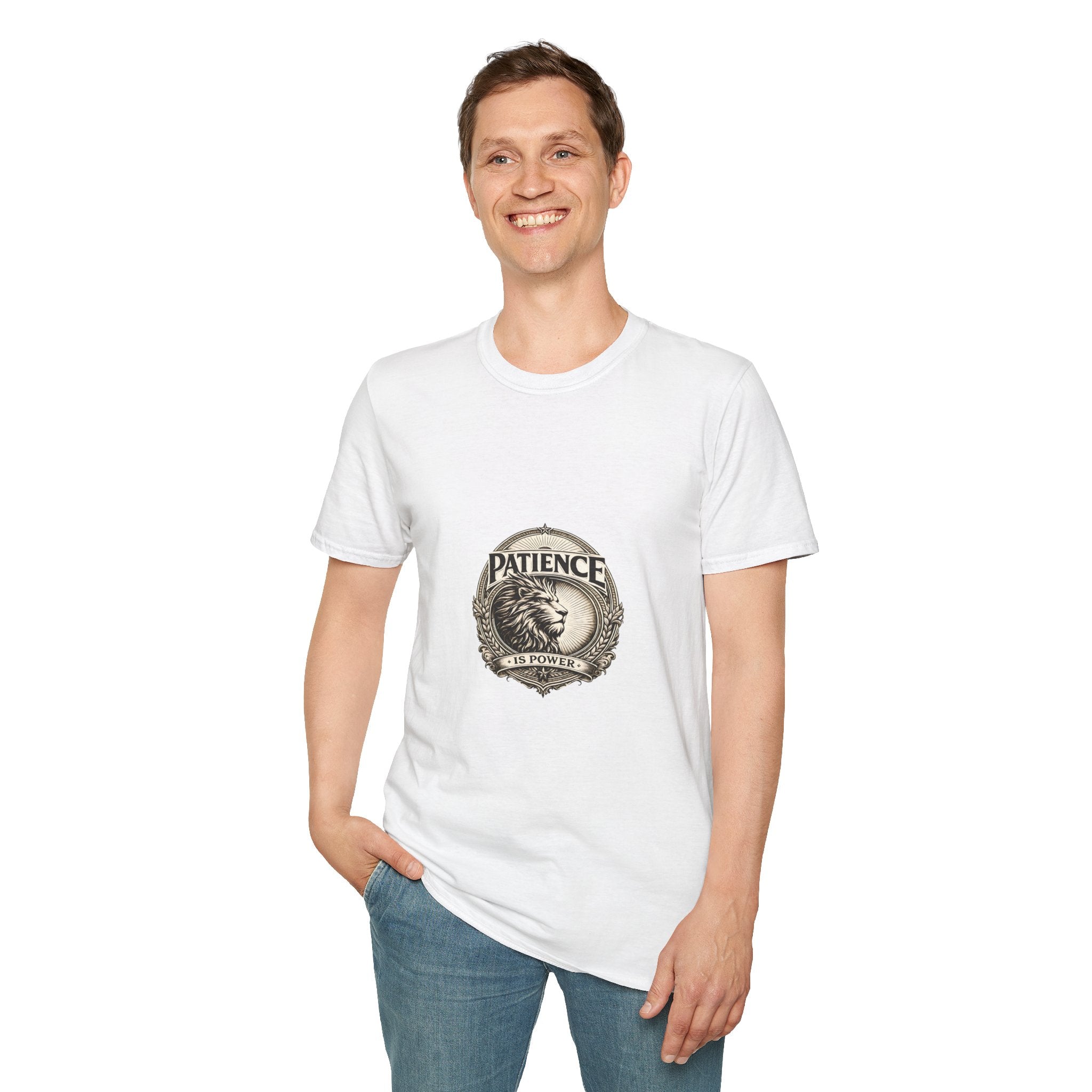 Patience Lion T-Shirt — Vintage Badge Tee with 'Patience' Quote